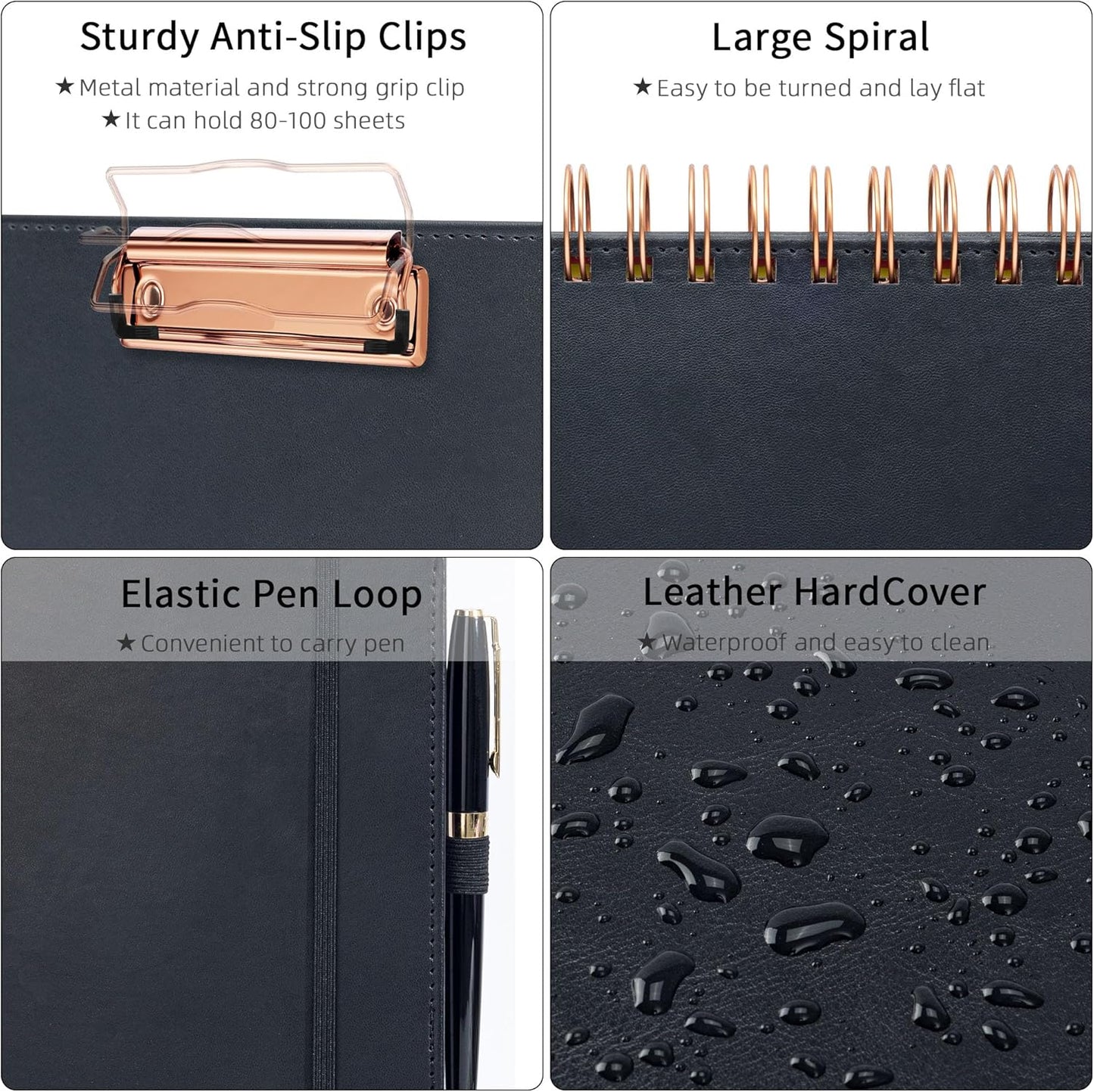 Ospelelf Leather Clipboard Folio with Notepad for Letter Size, Spiral Clipboard Folder with Storage Zipper Pouch, 5 Folders with 10 Pockets, 39 Divider Label Stickers, Pen Loop Series (Black)