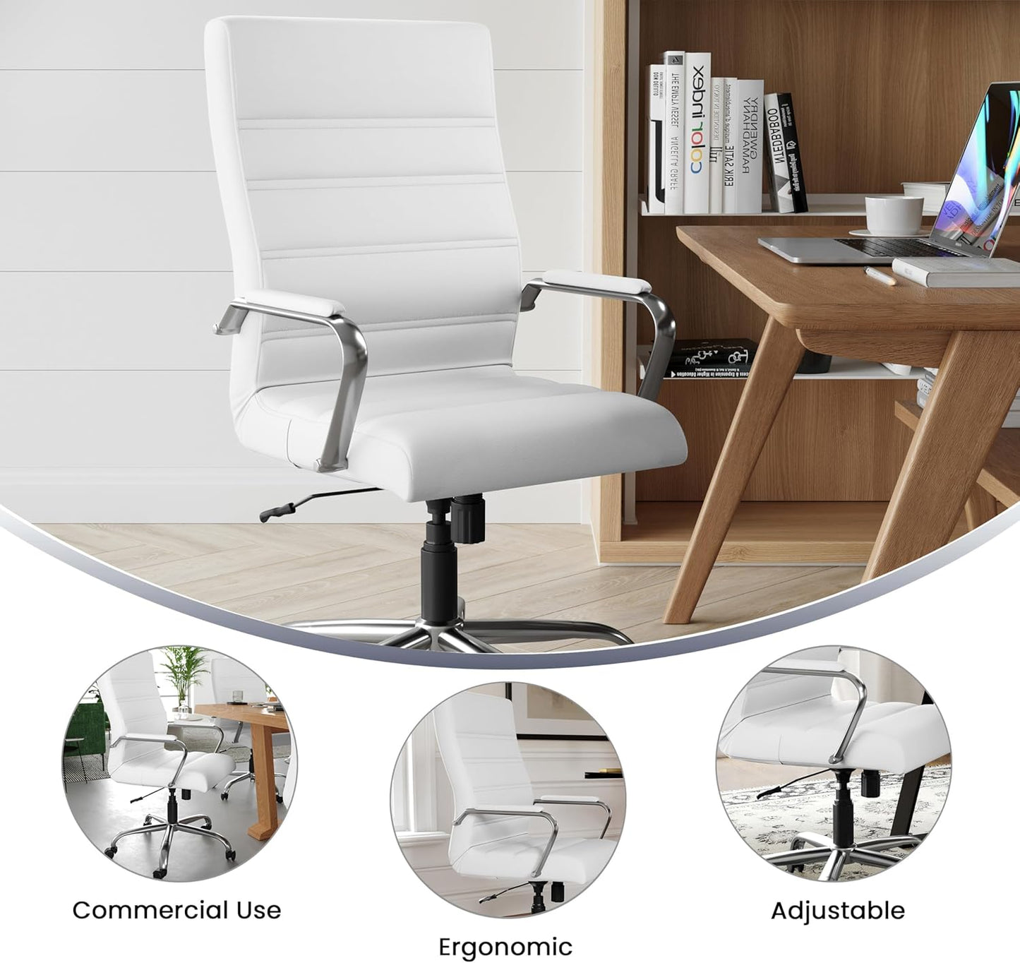 Flash Furniture Whitney High-Back Swivel LeatherSoft Desk Chair with Padded Seat and Armrests, Adjustable Height Padded Office Chair, White/Chrome