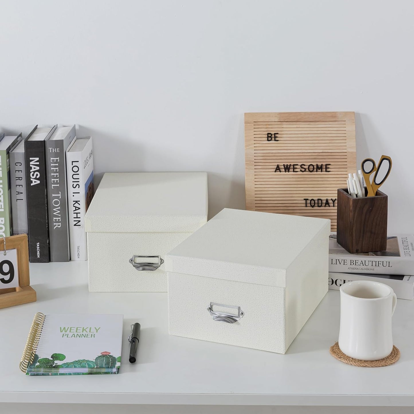 Soul & Lane Decorative Cardboard Storage Boxes with Lids, Set of 2 Stacking Keepsake Photo and Memory Boxes for Home & Office, Paperboard Organizers with Label Holders and Drawer Pulls, Cream White