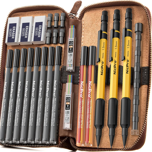 Nicpro 21PCS 1.3 mm Mechanical Pencil Set in Leather Bag with 138 Lead Refill, Eraser, Eraser Refills - Weatherproof Metal Barrel, Heavy Duty Carpenter Pencil for Outdoor Marking Drawing Woodworking