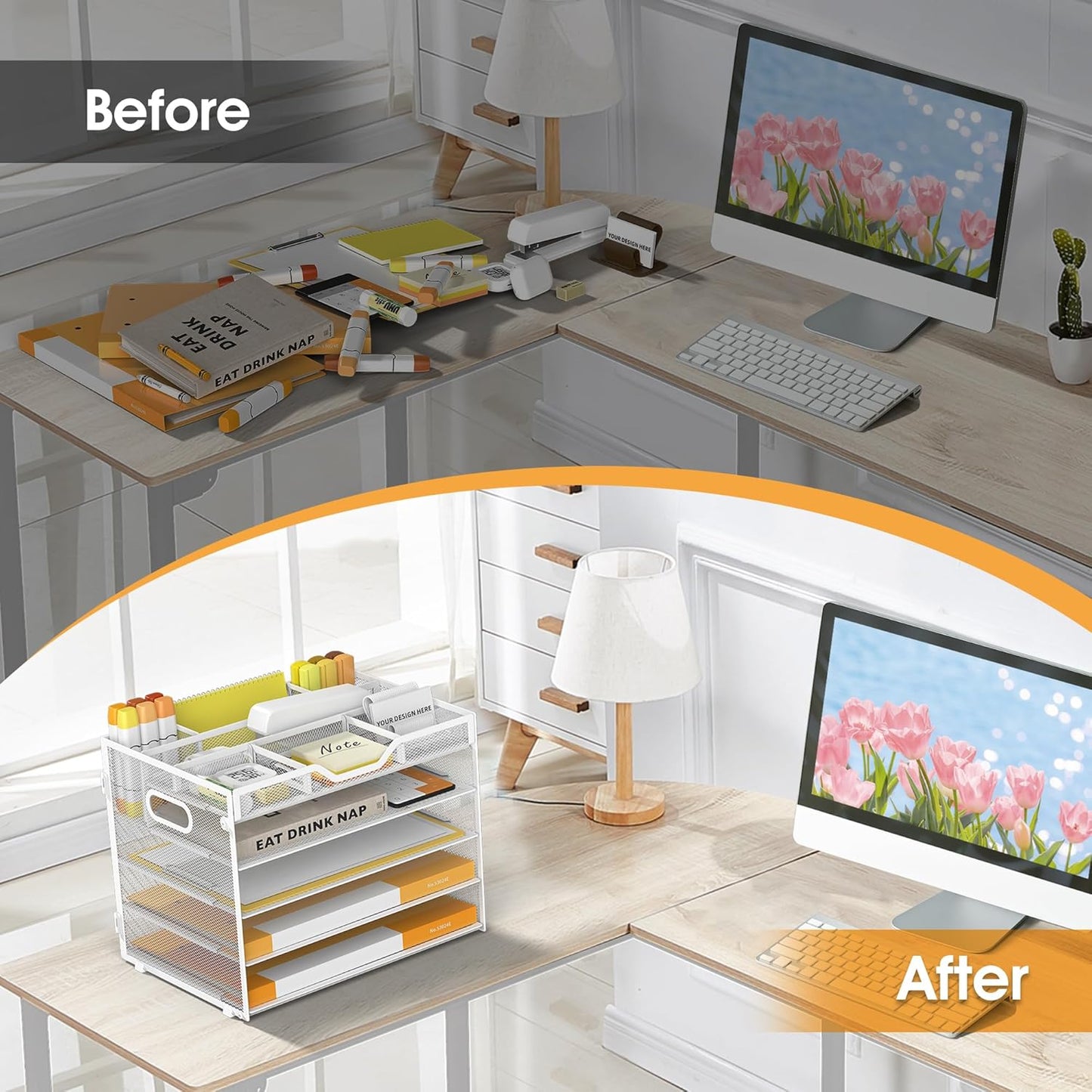 5 Tier Paper Letter Tray with 3 Drop-in Pen Holders, Mesh Desk File Organizer with Handle, Desk Organizers and Accessories for School,Home, Office Supplies Storage-White