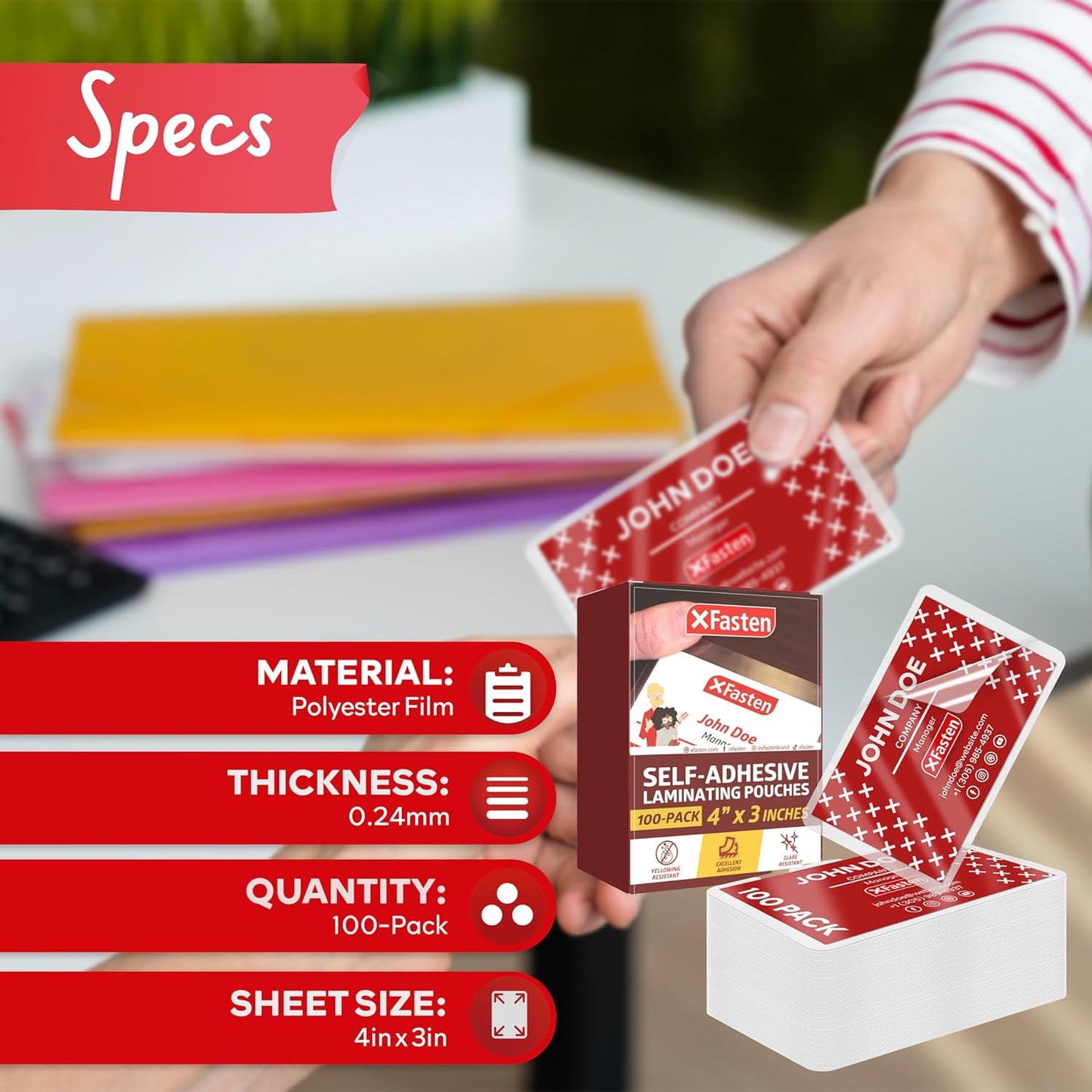 XFasten Self Seal Laminating Pouches Business Card Size 4-Inch x 3-Inch 100-Pack, 10 Mil Business Card Laminating Pouches Non-Yellowing Self Sealing Laminating Sheets Business Card Size