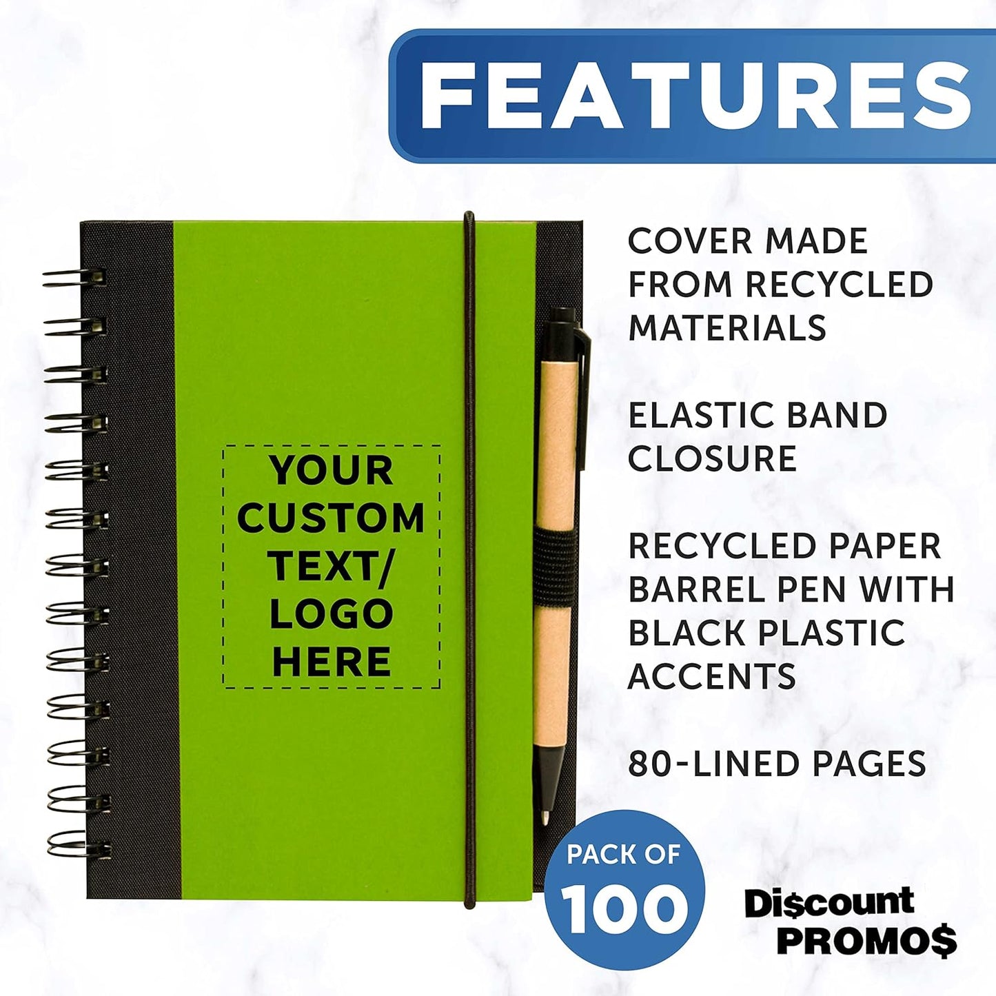 DISCOUNT PROMOS Custom Eco Block Notebooks with Pens Set of 100, Personalized Bulk Pack - Perfect for School, Office, Business, Home - Lime Green