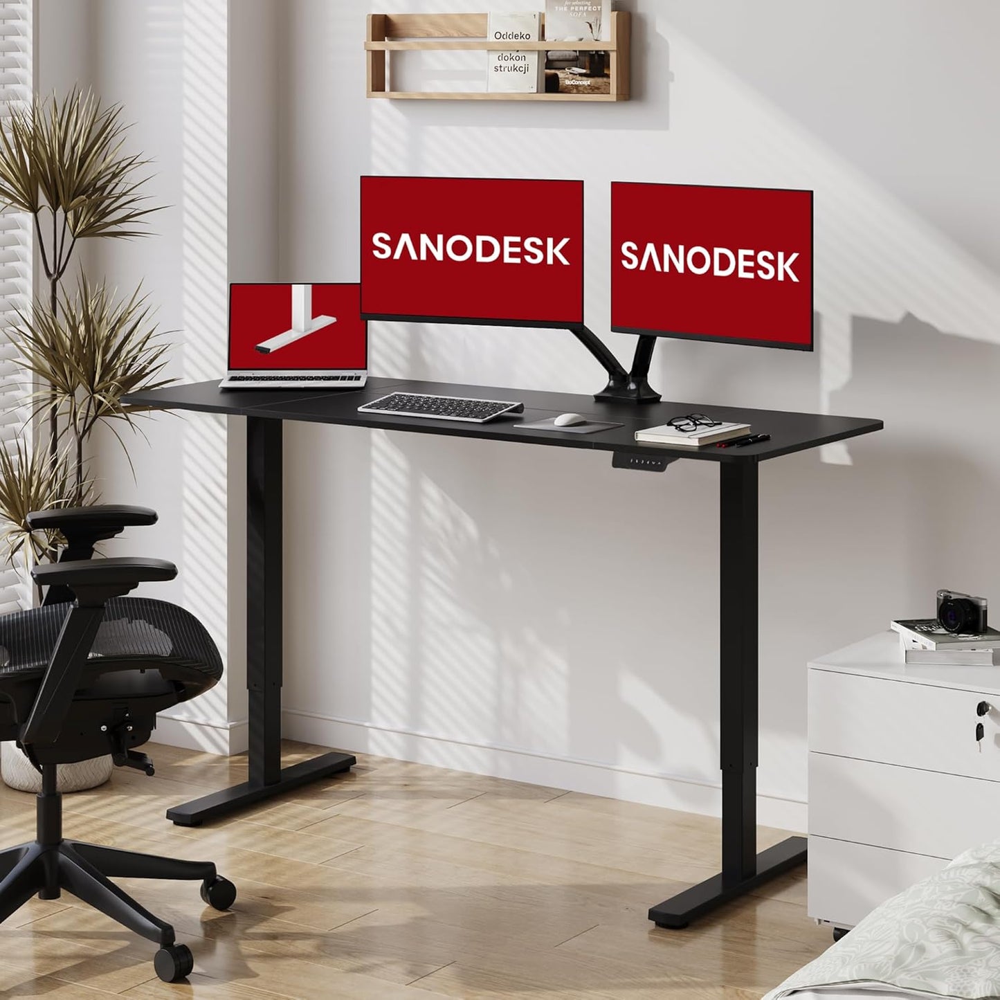 SANODESK Electric Standing Desk 63x28 Inch Height Adjustable Stand Up Desk Home Office Computer Workstation Sit Stand Home Office Desk with Splice Board (Black Frame + Black Top)