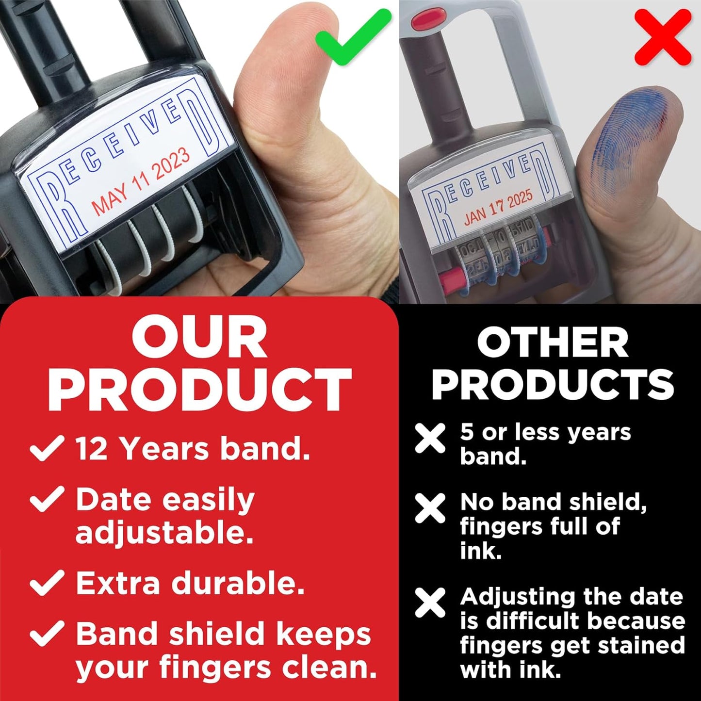 Self-Inking Rubber Date Office Stamp with E-Mailed Phrase - Black Ink - 12-Year Band