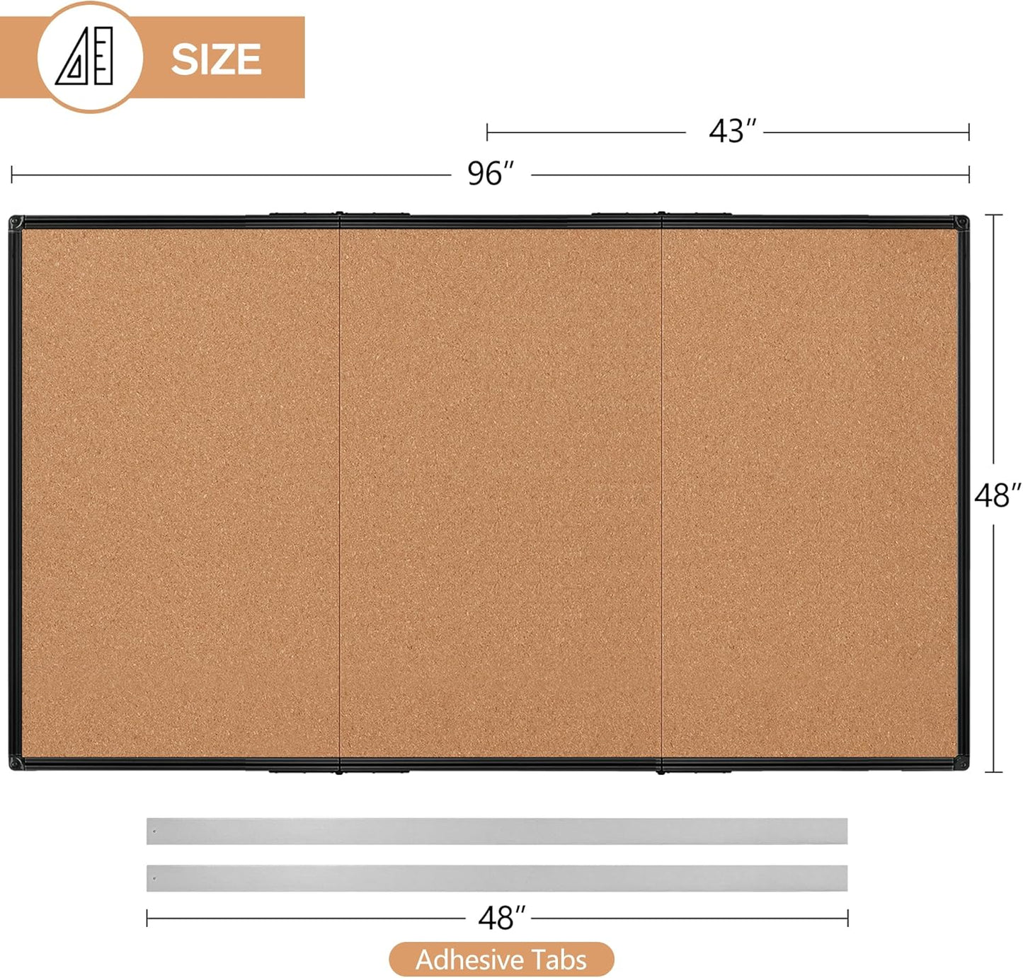 Board2by Extra Large Cork Bulletin Board 96" X 48", Foldable Notice Pin Board for Wall, Black Aluminum Framed 8'x4' Corkboard, Wall Mounted Noticeboard with 36 Push Pins for School, Home & Office