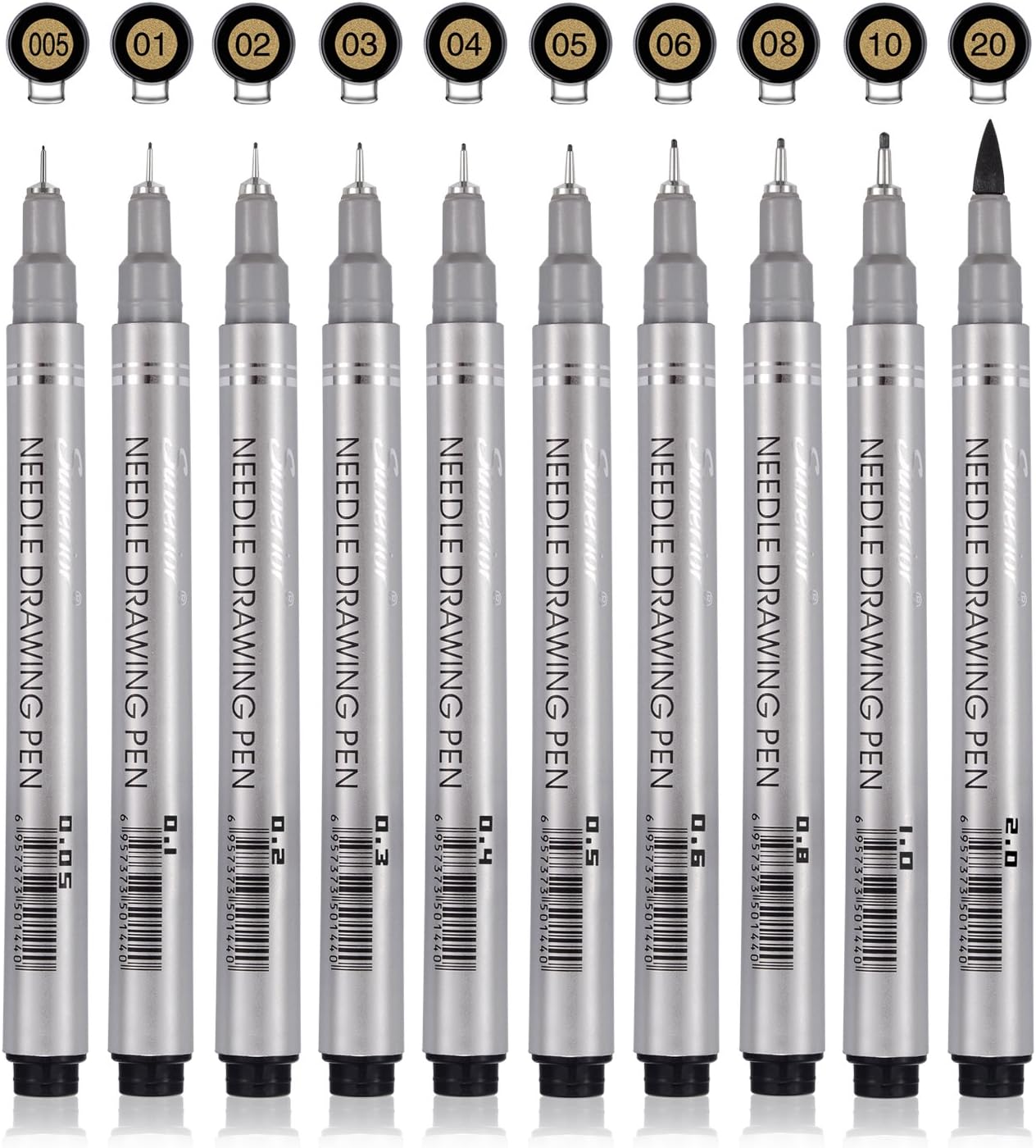 Set of 10 Black Micro-Pen Fineliner Ink Pens, Anti-Bleed & Waterproof Archival ink,Brush & Calligraphy Tip Nibs - Artist Illustration, Office Documents, Scrapbooking, Technical Drawing
