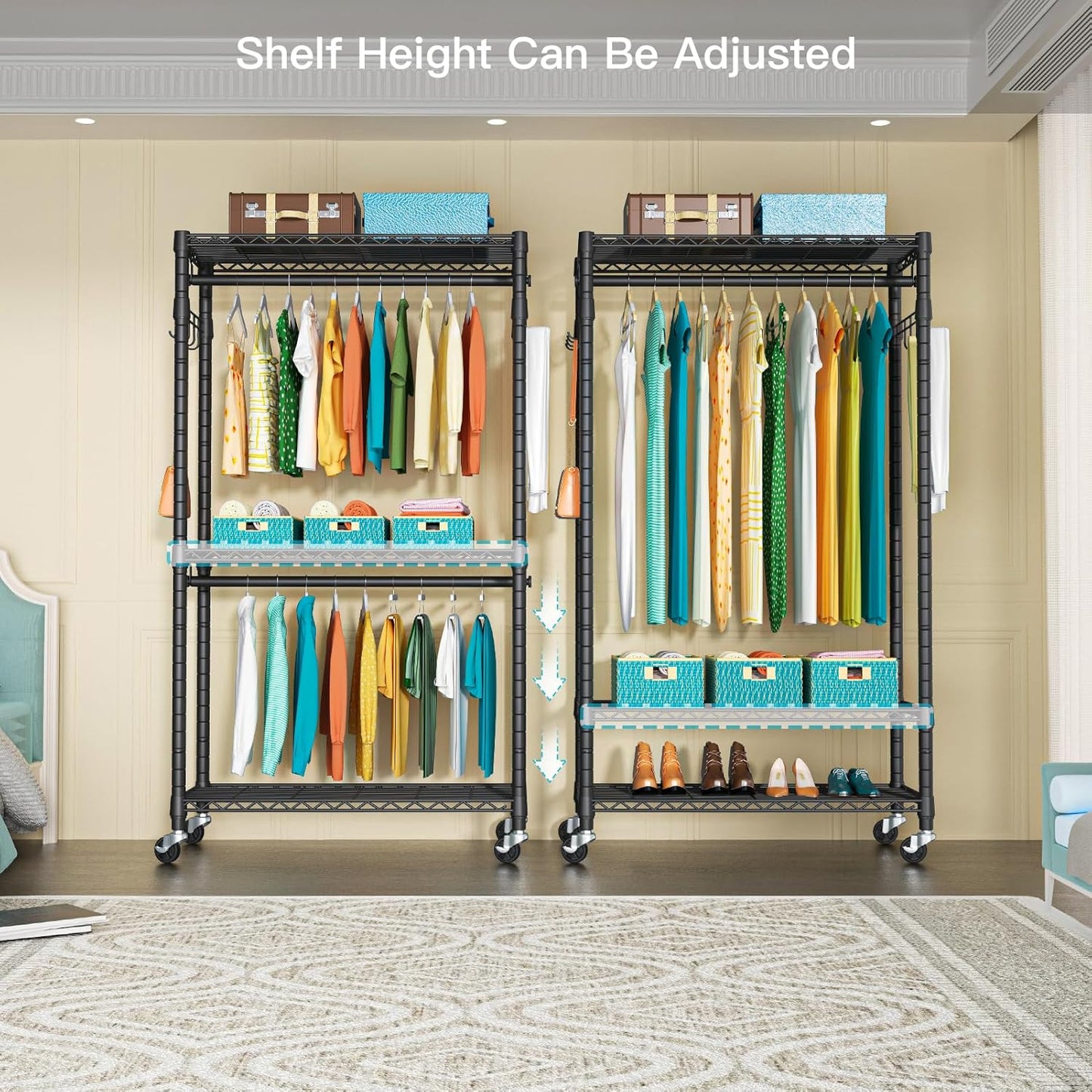 P1 Heavy Duty Garment Rack, 3 Tiers Adjustable Rolling Metal Closet Organizer with Lockable Wheels, FreeStanding Wardrobe with Double Hanger Rods & 1 Pair Hooks, Max Load 450 LBS, Black