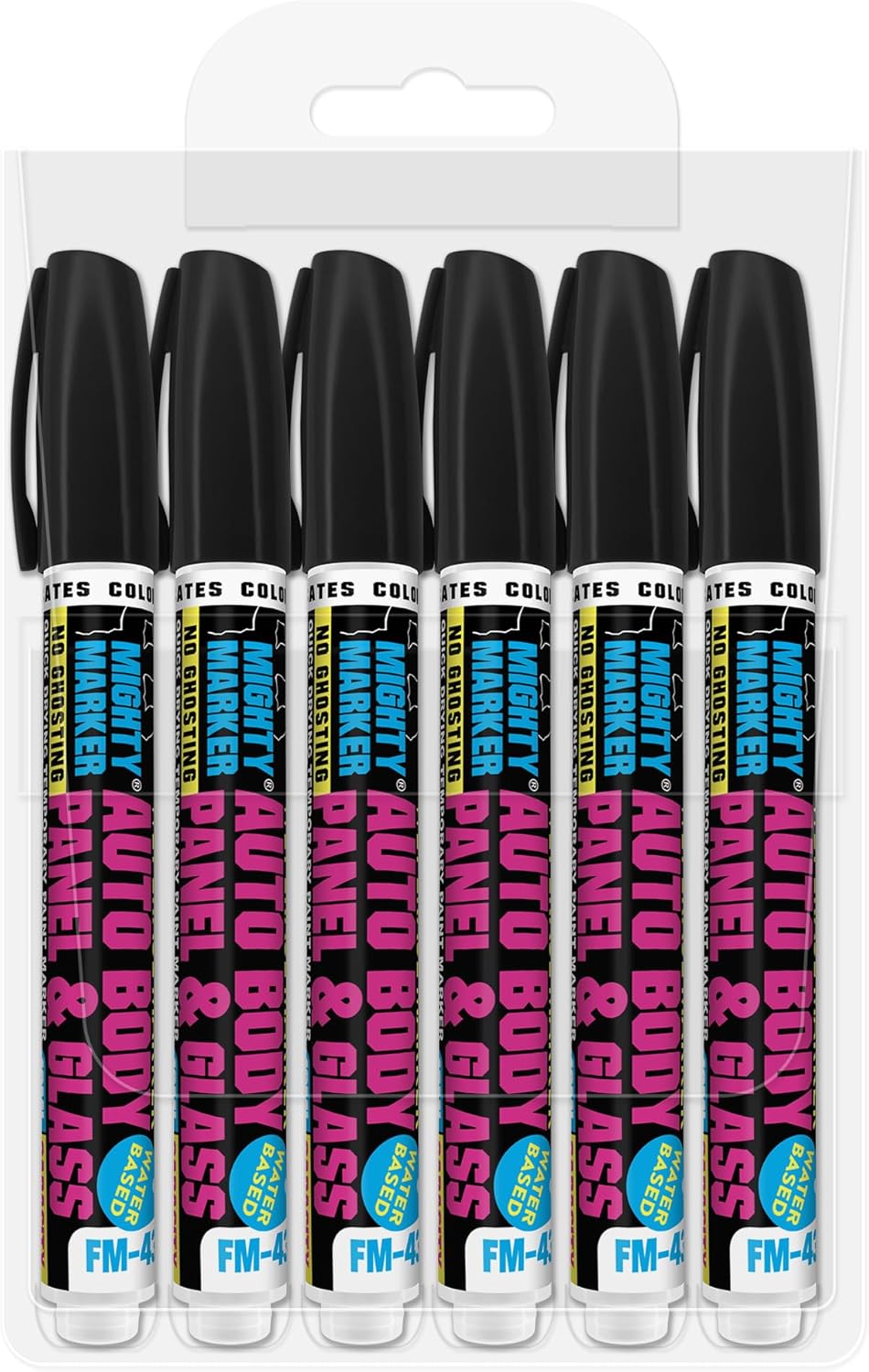 FM-43 Auto Body and Glass Paint Marker, No-Ghost, Highly Water-Resistant, 2.3mm Bullet Tip, Valve Action, 6 Bonus Reversible Tips, Made in USA - Black 6 Pack