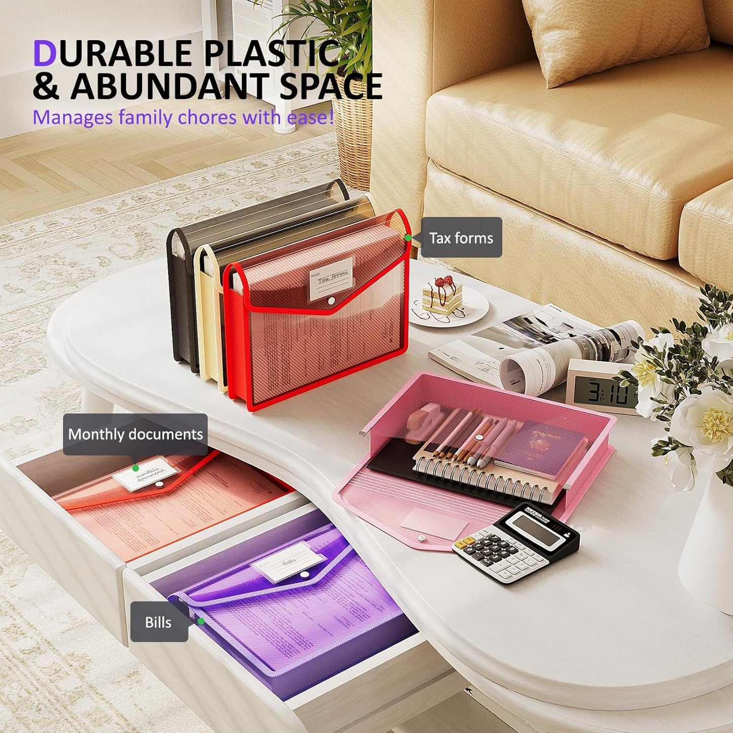 ThinkTex Plastic Expanding File Folder, Transparent Envelopes with Snap Closure,Suitable for Home, Office, School and Hospital, Large Capacity，No Dividers, 5 Colors, Fit Letter/A4 Size-10 Pcs