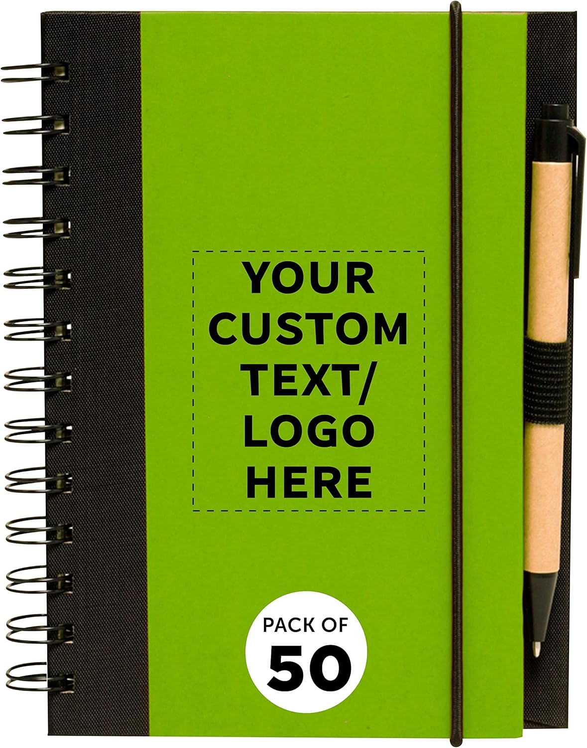 DISCOUNT PROMOS Custom Eco Block Notebooks with Pens Set of 50, Personalized Bulk Pack - Perfect for School, Office, Business, Home - Lime Green