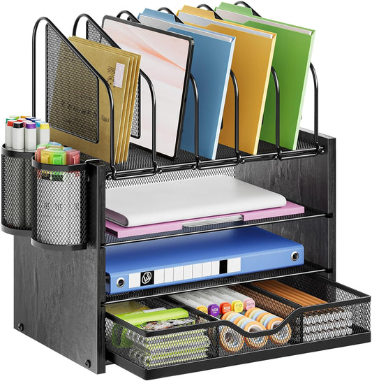 Marbrasse Desk organizer with Drawer, 4-Tier Wooden File Organizer with 5 Vertical File Holders and 2 Pen Holders, Desk Organizers and Accessories for Home Office - Black