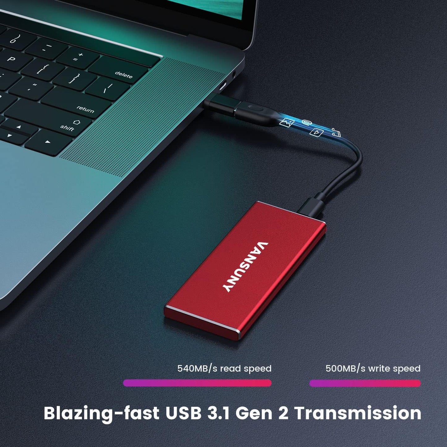 Vansuny 1TB Portable External SSD, USB 3.1 Gen2 540MB/s High-Speed Data ssd External Hard Drive USB C, Metal Mini Portable External Solid State Drive, Red