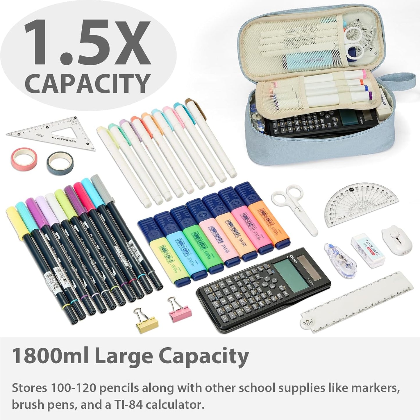 Pencil Case Pouch Box Bag School Supplies Girls Boys Kids, Cute Preppy Stuff Large Big Capacity Aesthetic Pen Organizer, Back to College Stationary, Powder Blue, Standard Stlye, 1800ml