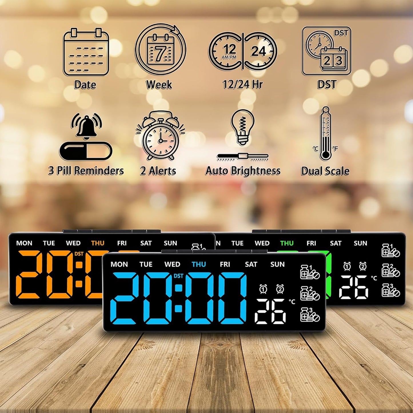 8 Inch LED Digital Desk Clock with Medication Reminders – Large Display with Time, Date, Day, Temperature, Triple Pill Alerts, Dual Alarm, Silent Clock for Home and Office,Orange