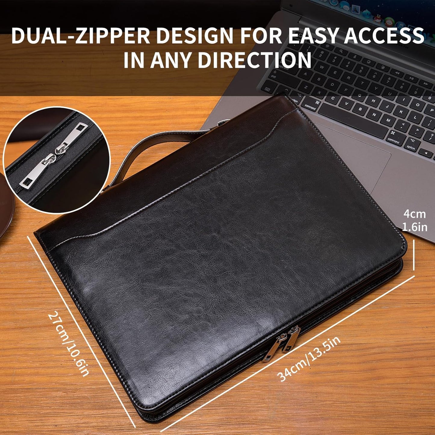 Vegan Leather Portfolio with Hidden Handle, Front Pocket, Business Padfolio Tablet/13” Laptop Organizer, Folio Document Cell Phone Holder, Professional Executive Folder, Black