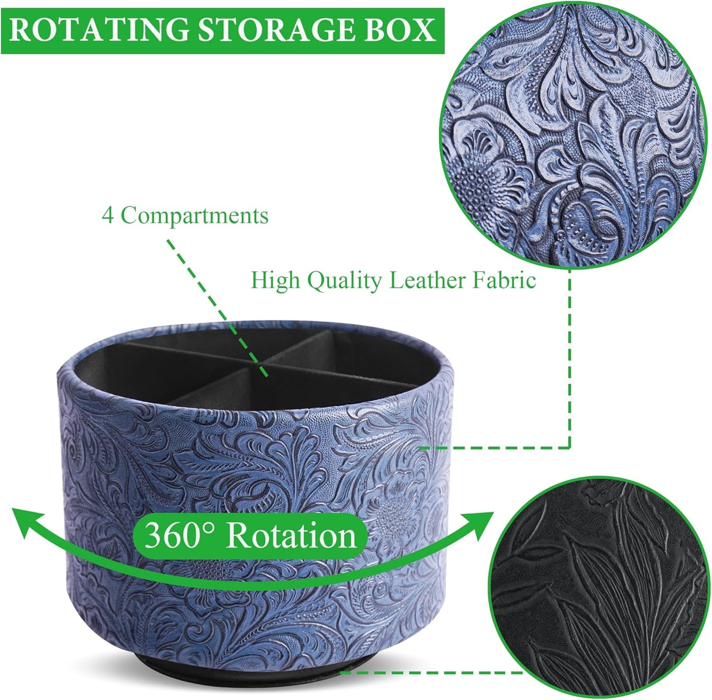 lizimandu Round Leather Art Supply Organizer,Remote Control Holder,360 Degree Spinning,Multi-Functional Pencil Holder,4 Compartments Desktop Stationary Organizer(1-Carved Dark Blue)