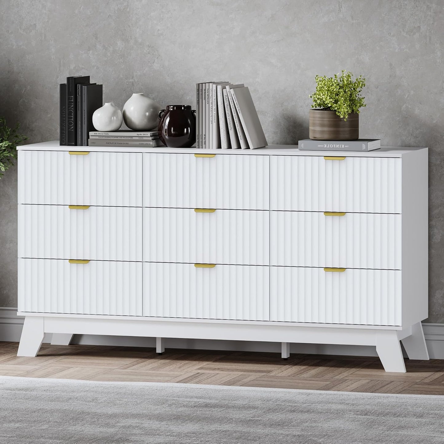 Fluted 9 Drawer Dresser, 57.1" Wide Modern Boho Chest of Drawers, Wooden Storage Dresser TV Stand for Bedroom, Living Room, Closet, Hallway, Curved Profile Design