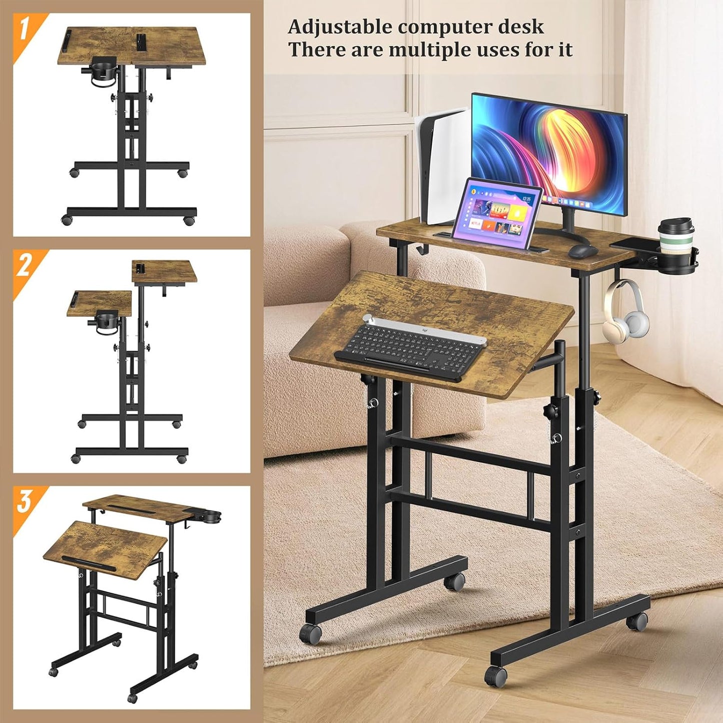 Small Standing Desk with Wheels, Mobile Stand Up Desk, Portable Standing Table on Wheels for Walking Pad, Rolling Computer Desk Adjustable Height, Tall Table