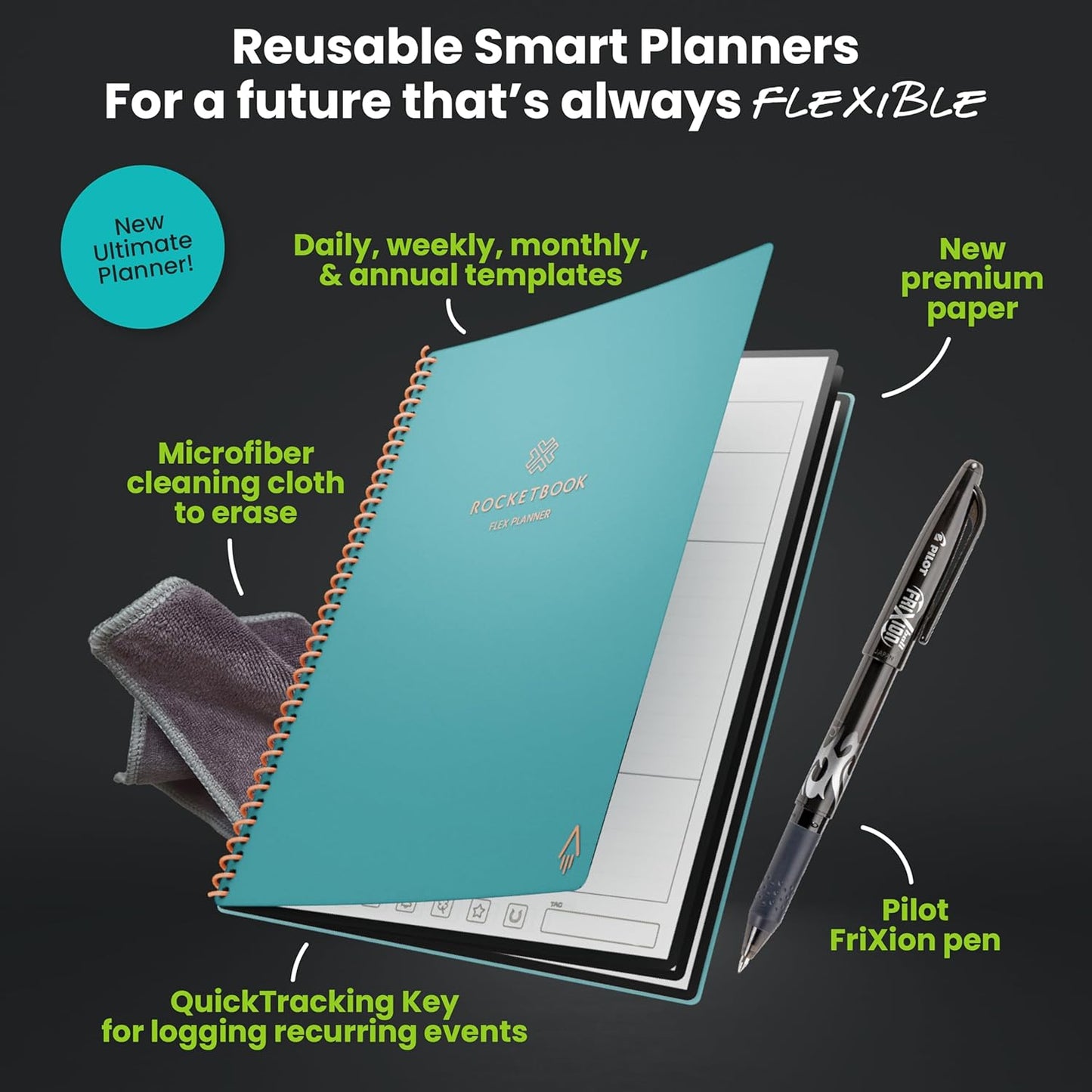 Rocketbook Flex Planner, Reusable Undated Smart, Executive Size 6x8.8 in Teal – Daily, Weekly, Monthly, Annual Calendar, Tasks, Goals, Scheduling, Productivity, App Connected, Erasable, Durable Cover
