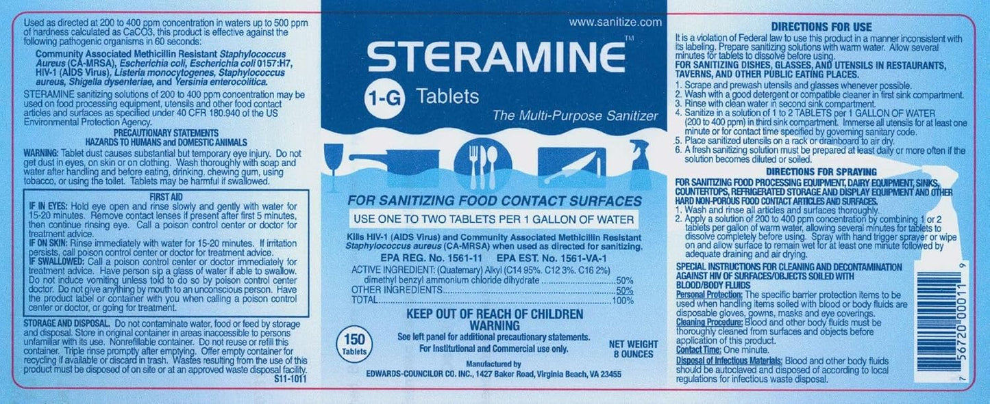 6 Bottles Steramine Sanitizer Tablet w/ 15 QT-10 Test Strip, Multi Purpose Steramine Sanitizing Tab for Food Contact Surface, Kitchen, Restaurant, Diner & Food Service by FryOilSaver Co. (900 Tablets)