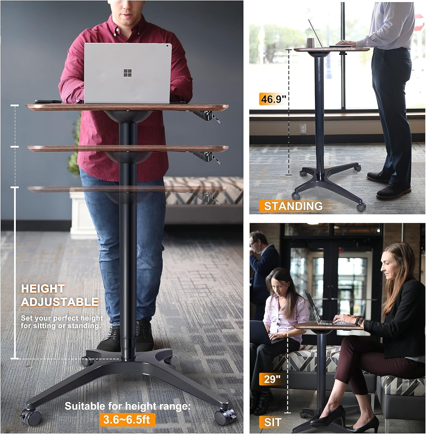 Pneumatic Adjustable Height Desk, Laptop Standing Desk, Rolling Sit-Stand Cart, Mobile Podium Portable Lectern for Home, Office& Classroom, 26" 19.3" Platform (29" to 46.9" H)，Brown