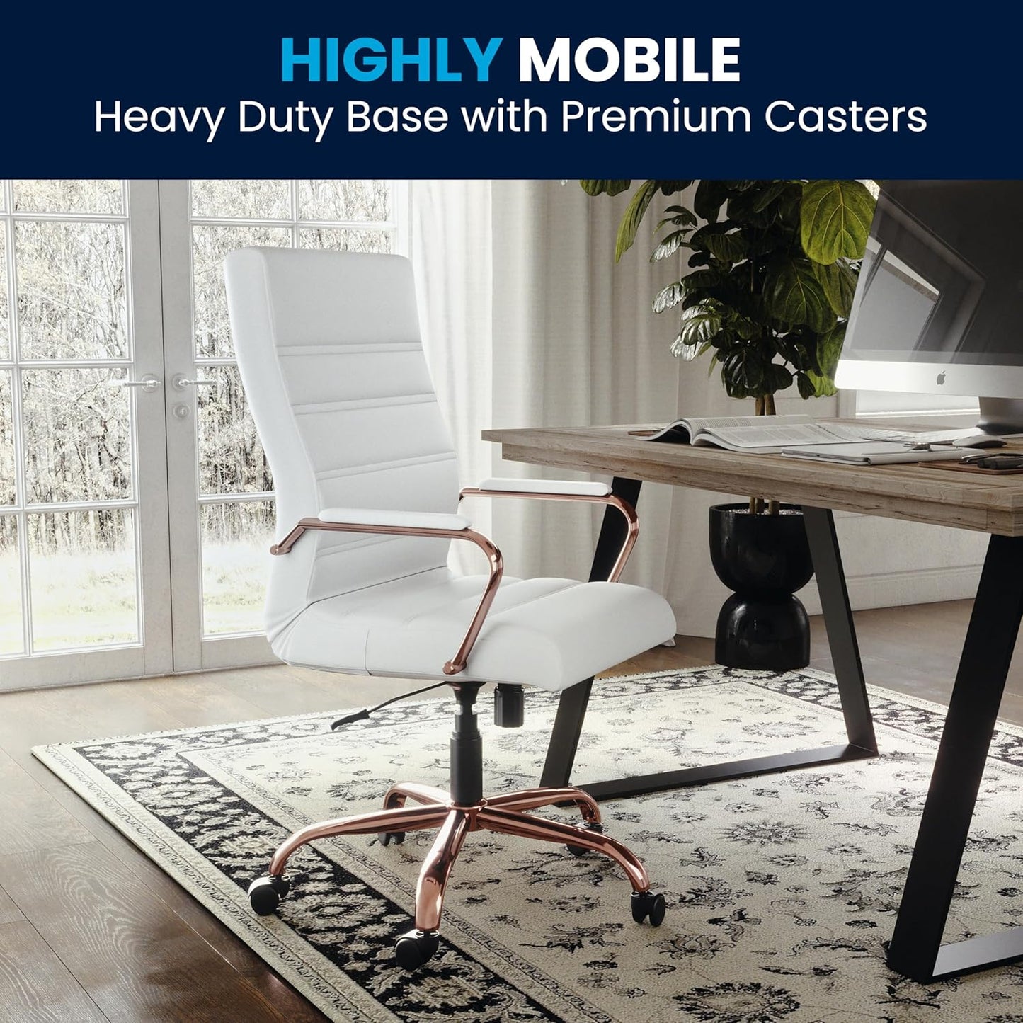 Flash Furniture Whitney High-Back Swivel LeatherSoft Desk Chair with Padded Seat and Armrests, Adjustable Height Padded LeatherSoft Office Chair, White/Rose Gold