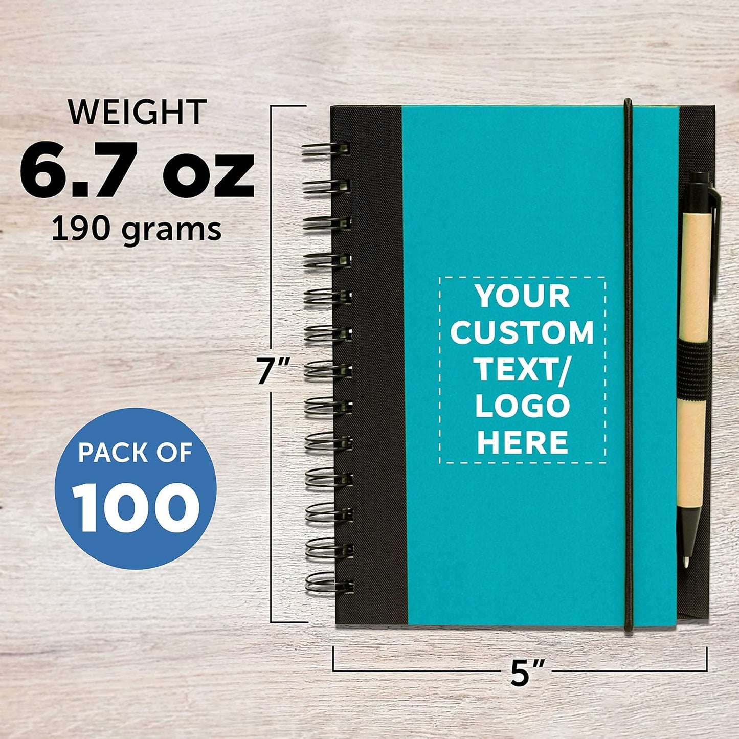 DISCOUNT PROMOS Custom Eco Block Notebooks with Pens Set of 100, Personalized Bulk Pack - Perfect for School, Office, Business, Home - Aqua