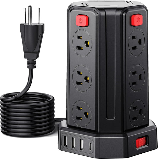 Power Strip Surge Protector, 10 Ft Extension Cord with 12 AC Multiple Outlets 4 USB (1 USB C), SMALLRT Power Tower Desktop Charging Station (Black, 16.4 FT)