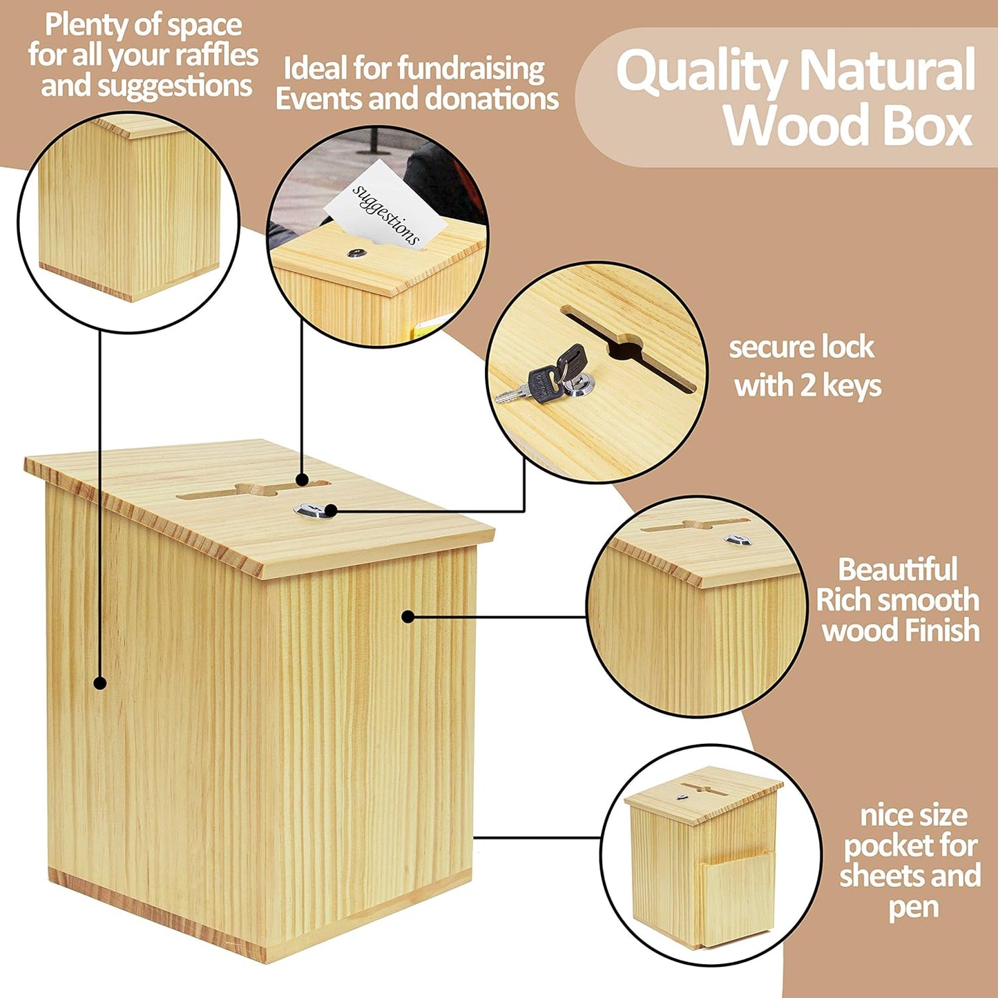 Wood Charity Donation collection Box Office suggestion Ballot Box With wide slot for envelopes and suggestion comment forms, side Pocket and Locking Hinged Lid & Pen for Table Or Counter-top(Natural)