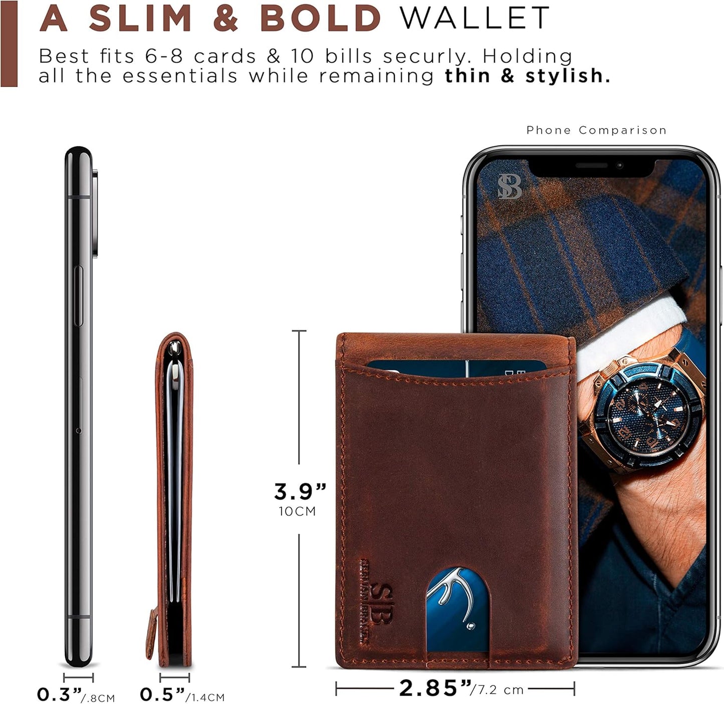 SERMAN BRANDS RFID Blocking Slim Bifold Genuine Leather Minimalist Front Pocket Wallets for Men with Money Clip Thin Mens