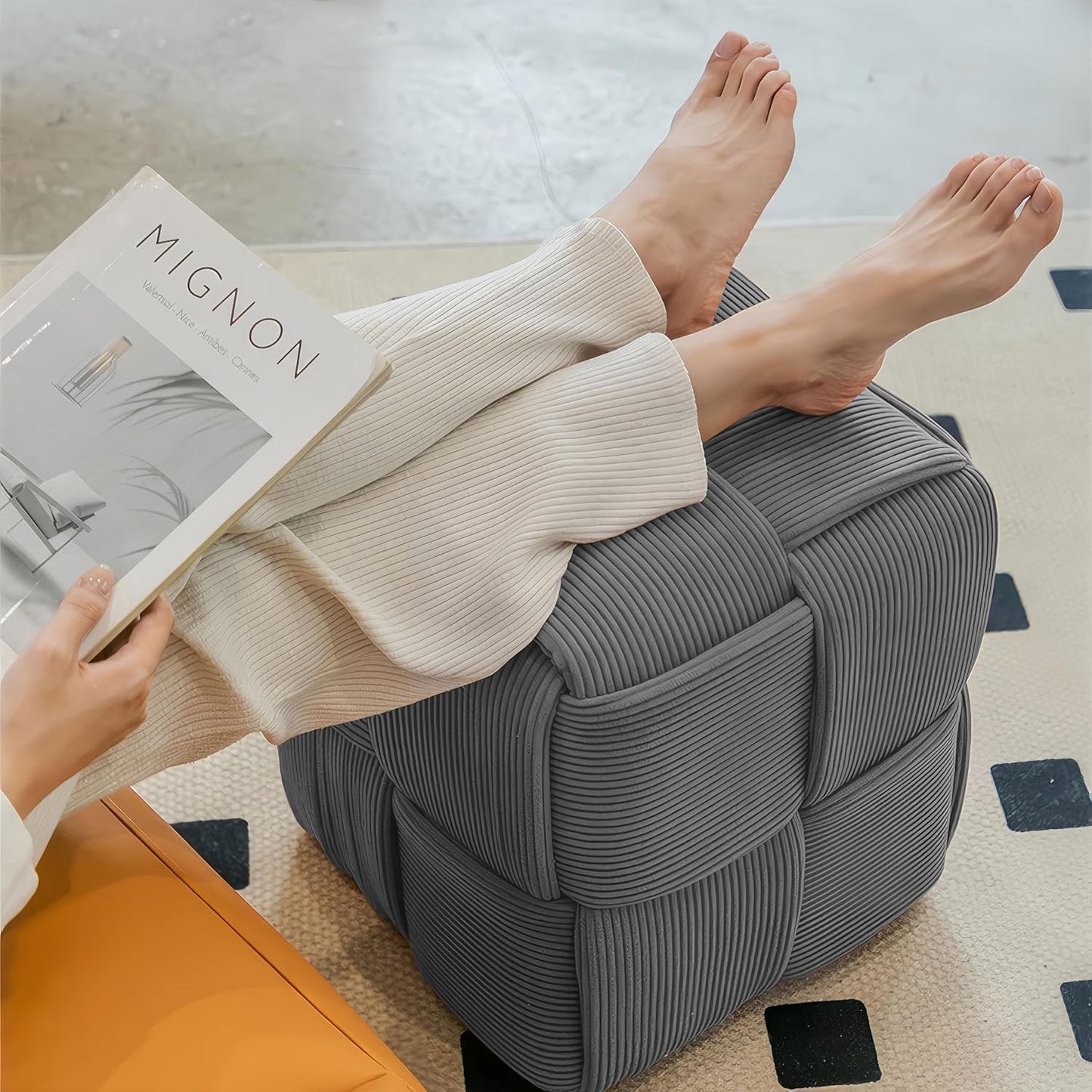 Ottoman Foot Rest Soft and Comfortable Ottoman Square Corduroy Woven Design Sofa Stool (Grey)