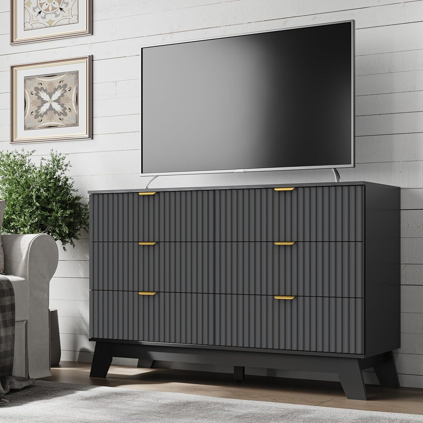 Fluted 6 Drawer Dresser, 47.2" Wide Modern Boho Chest of Drawers, Wooden Storage Dresser TV Stand for Bedroom, Living Room, Closet, Hallway, Curved Profile Design