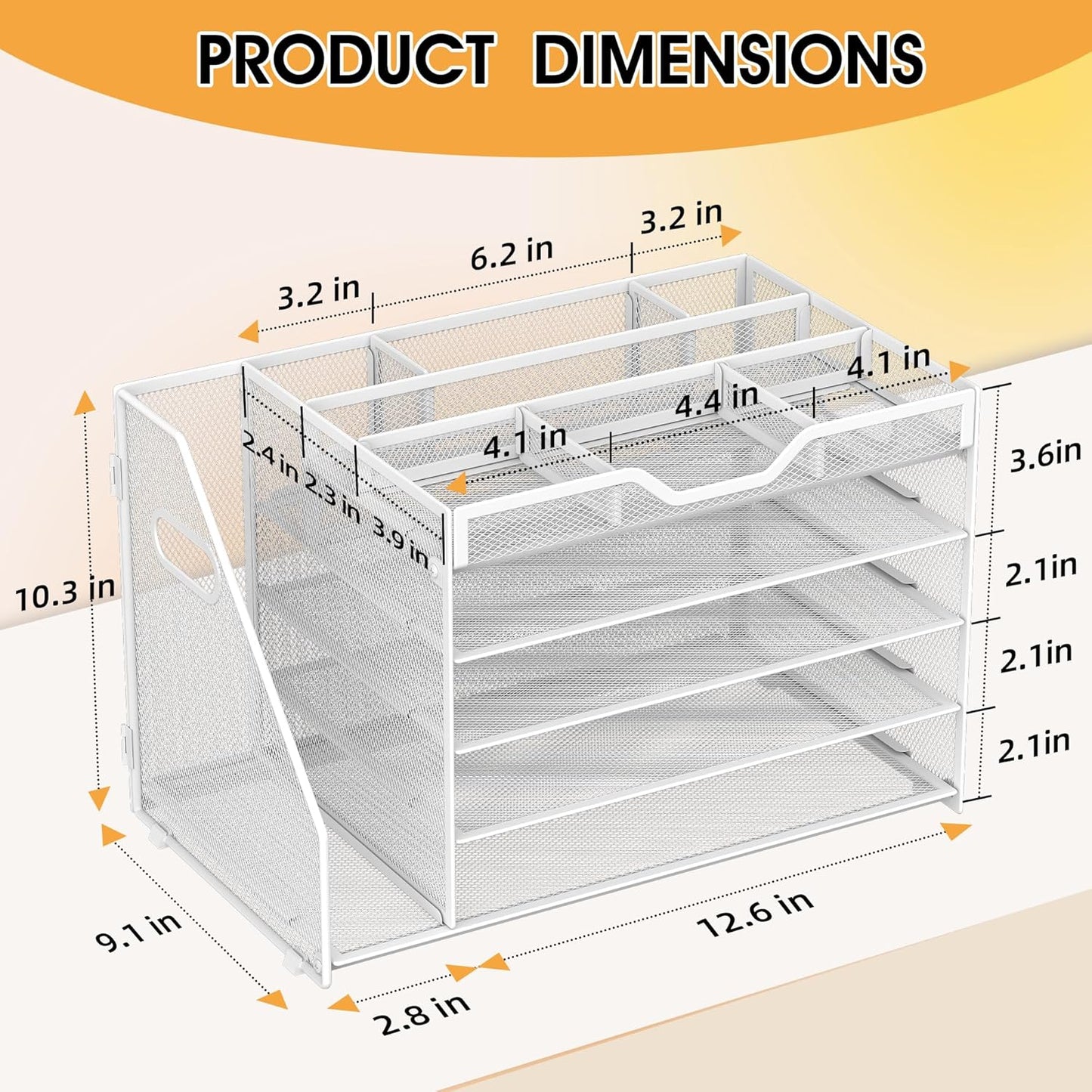 5 Tier Paper Letter Tray with File Holder and 3 Drop-in Pen Holders, Mesh Desk File Organizer with Handle, Desk Organizers and Accessories for School,Home, Office Supplies Storage-White