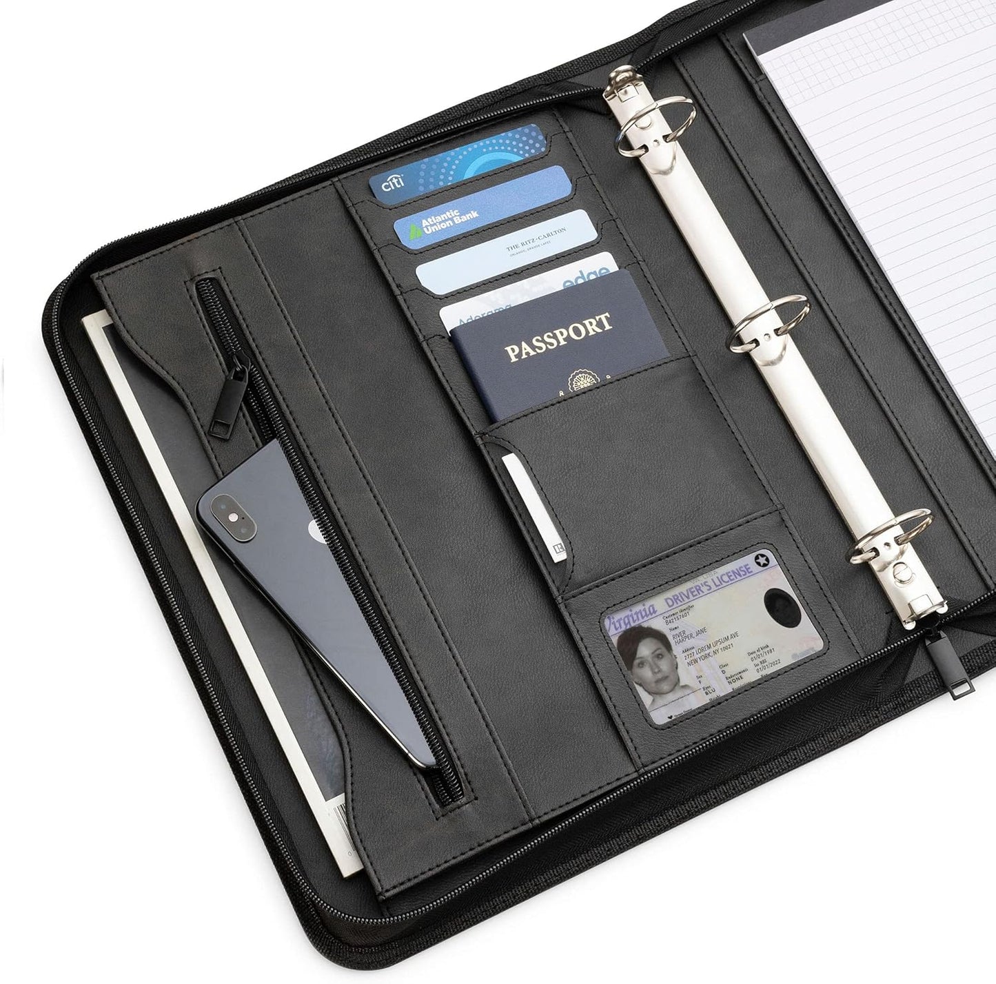 Portfolio Organizer - 3 Ring Binder with Notepad - 1.5 Inch Rings - Zippered Storage Pockets for Papers, Travel Documents, Presentation Folder, Cards, Passport, Tickets - Black