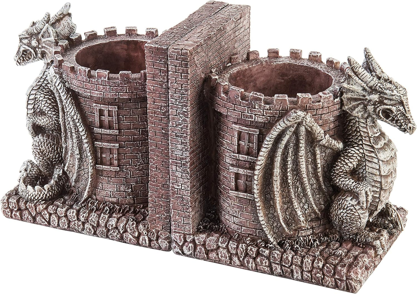 MyGift Dragon Guard Castle Resin Decorative Bookends for Heavy Books with Pencil Holders, Fantasy Themed Book Holder for Home and Office