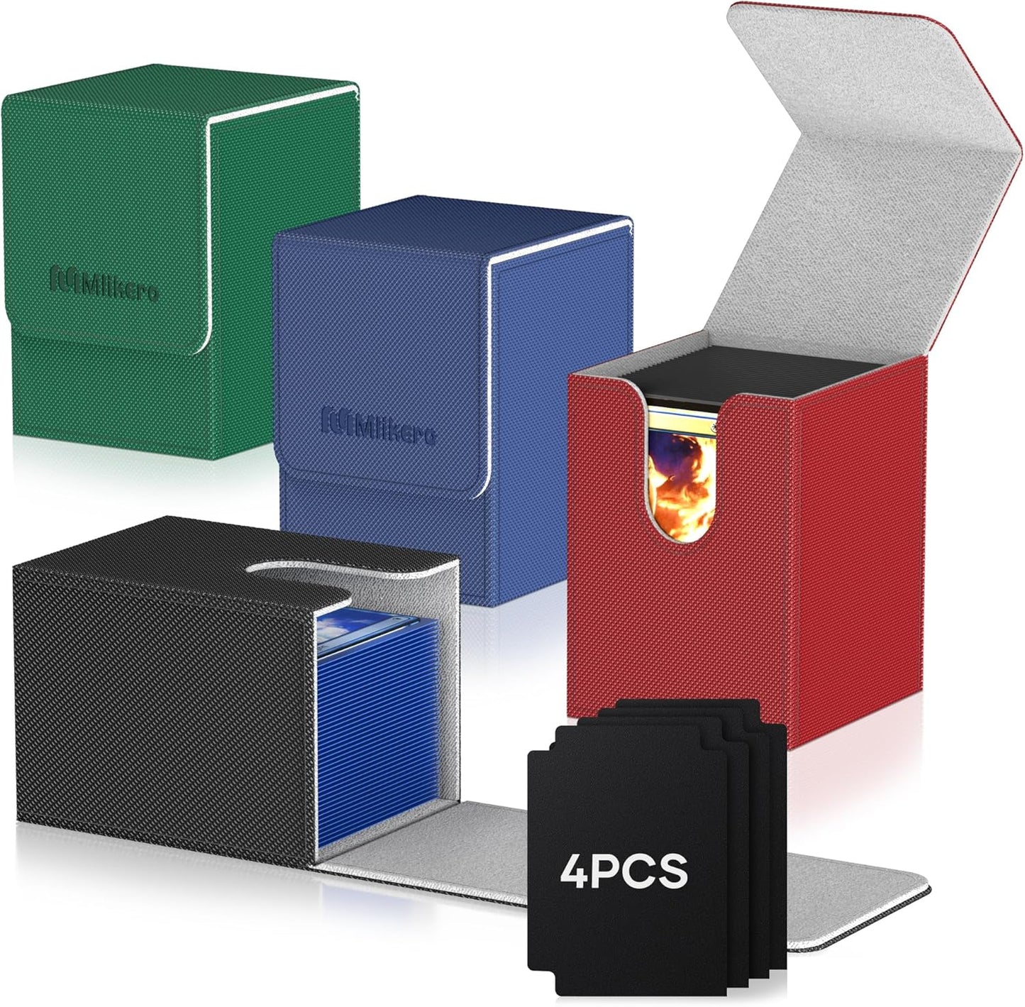 Mlikero 4 Pack Card Deck Box, Commander Deck Box Holds 400+ Single Sleeved Cards with 4 Dividers, Leather Magnetic Card Box Fit for MTG, TCG (4 Colors)