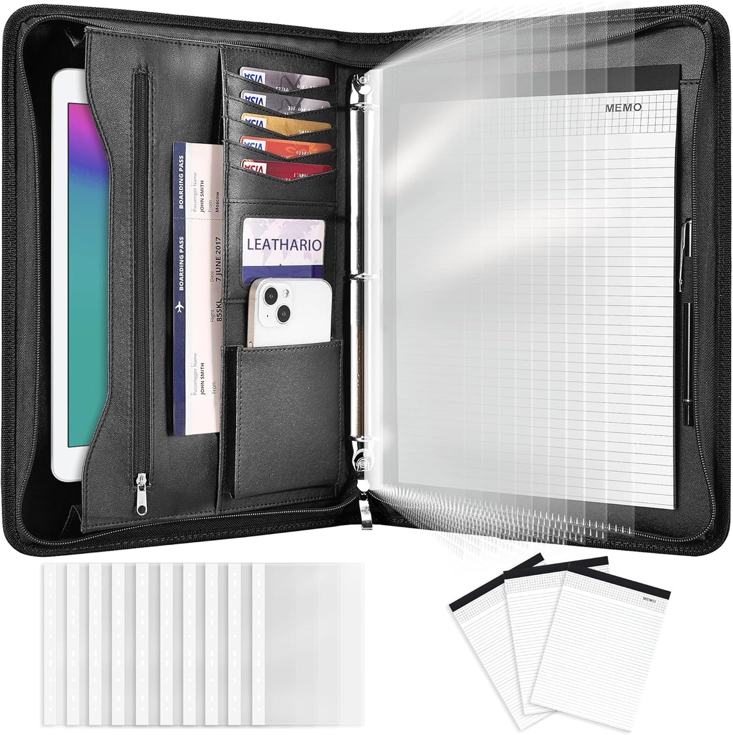 Leathario Portfolio Binder, Includes 10 Sheet Protectors and 3 Notepads, 3-Ring Folder Organizer, A4 Padfolio with Zipper, Vegan Leather Tablet Sleeve, Business Office Conference Clipboards