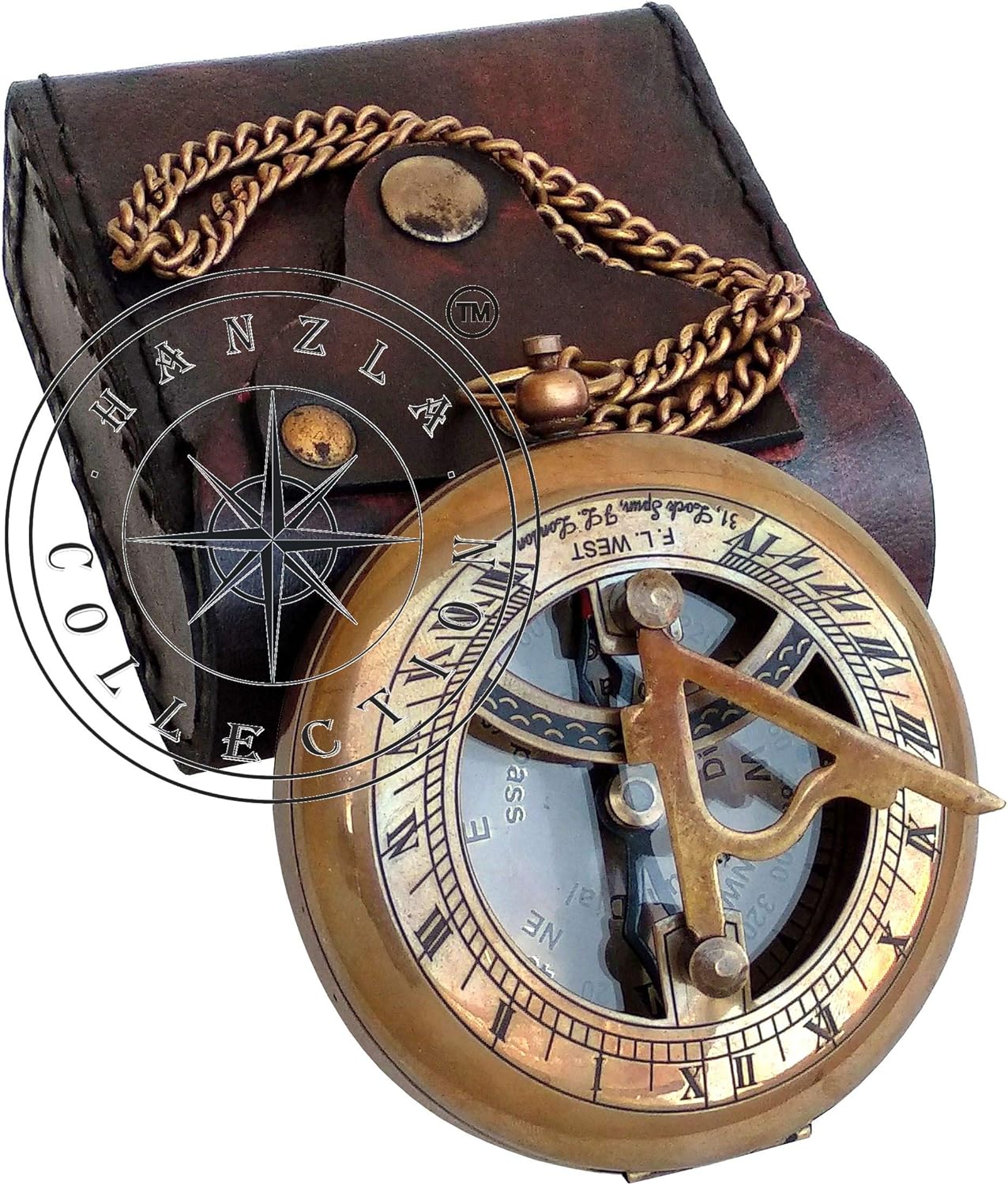 Brass Sundial Compass with Leather Case and Chain - Push Open Compass - Steampunk Accessory - Beautiful Handmade Gift - Nautical Sun Clock