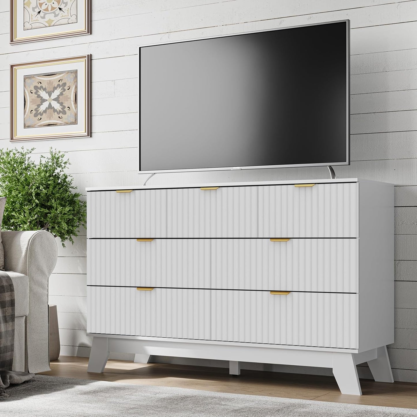 Fluted 7 Drawer Dresser, 47.2" Wide Modern Boho Chest of Drawers, Wooden Storage Dresser TV Stand for Bedroom, Living Room, Closet, Hallway, Curved Profile Design