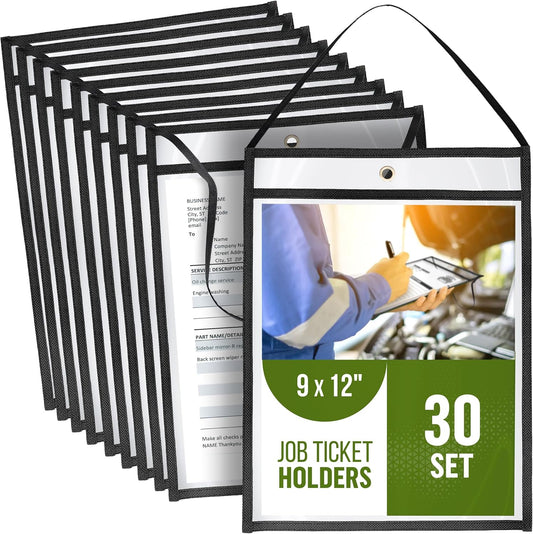 30 Pack Job Ticket Holders 9x12 with Strap - Hanging Shop Ticket Holders - Work Order Plastic Sleeves for Documents - Dry Erase Pocket Sleeves - Dry Erase Pockets - Clear Pocket Sleeve 9 x 12