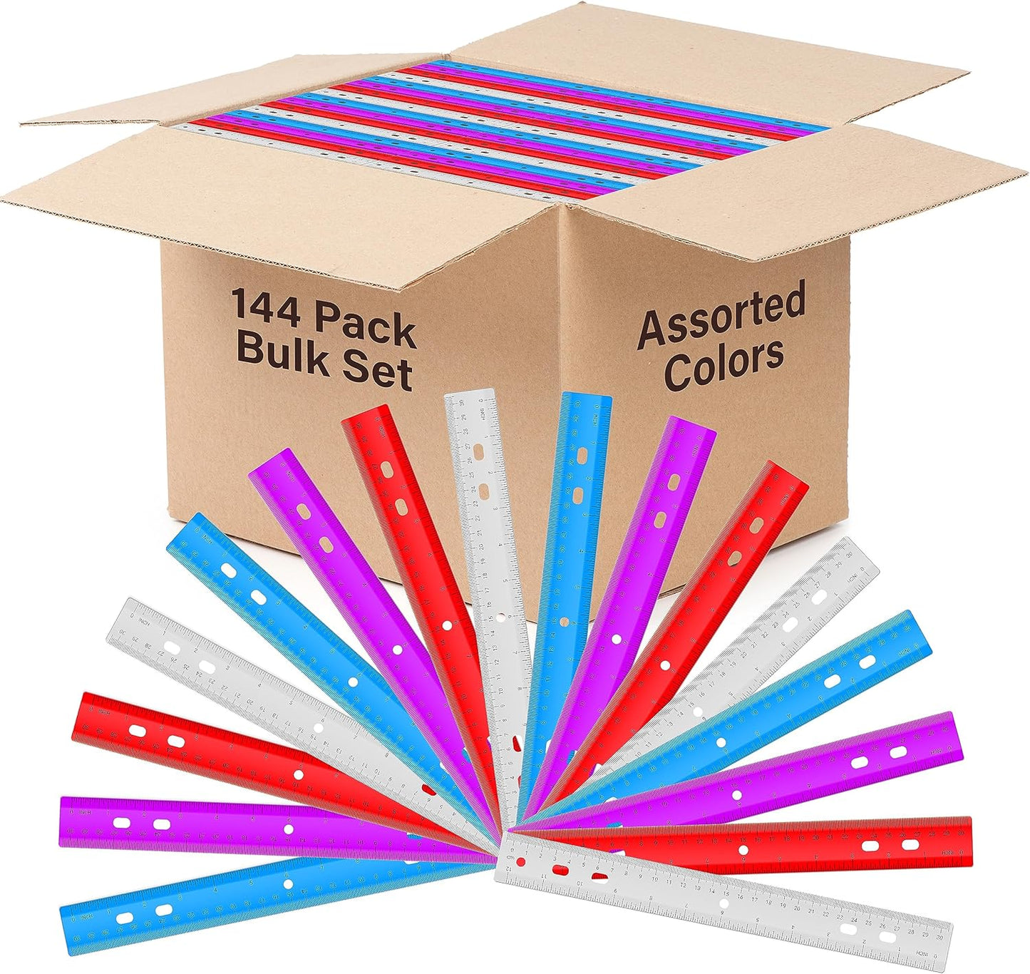 Rulers Bulk for Classroom (144 Bulk Pack) Plastic Ruler 12 Inch, Ruler with Centimeters and Inches, Rulers Bulk for Classroom, Bulk School Supplies Wholesale, Assorted Colors, (144 Pack Bulk)