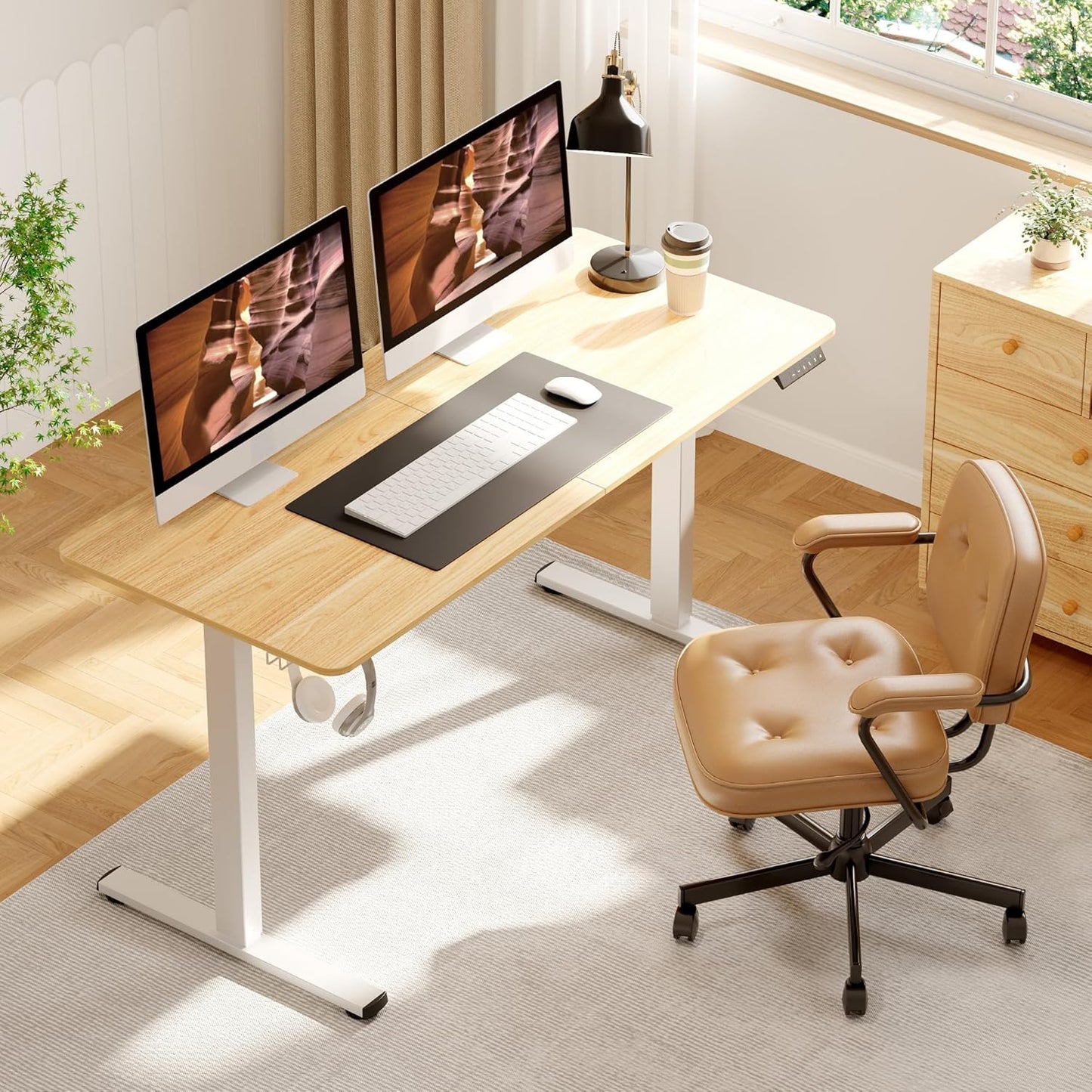 Adjustable Stand Up Desk with Memory Preset,Electric Standing Desk 55x 24 Inch Home Office Desk Computer Workstation Sit Stand Desk, Splice Maple Top + White Frame