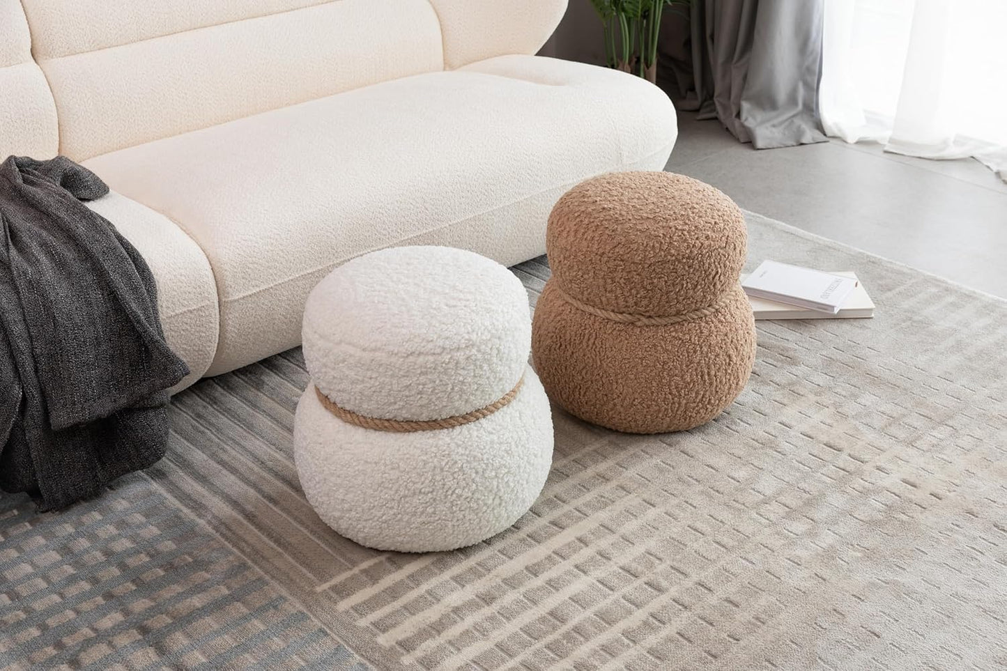 MEETAKING Small Round Foot Stool, Teddy Fabric Footrest Ottoman Stool with Non-Skid Legs, Modern Footstools Step for Couch, Desk, Office, Living Room (Light Brown)