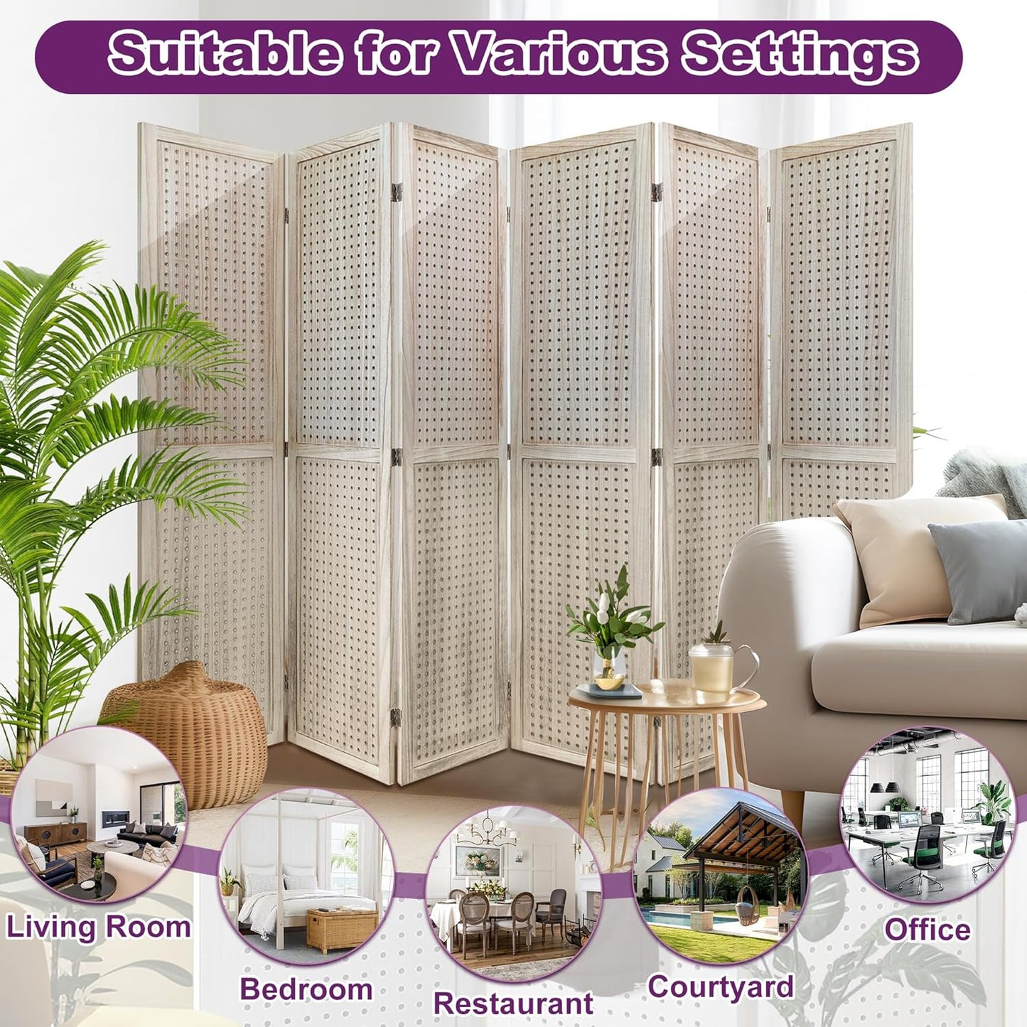 Room Divider, 5.6FT Folding Room Divider Panel, 6 Panel Pegboard Display Wood Partition Wall Divider for Room Separation& Craft Shows, Natural Wood