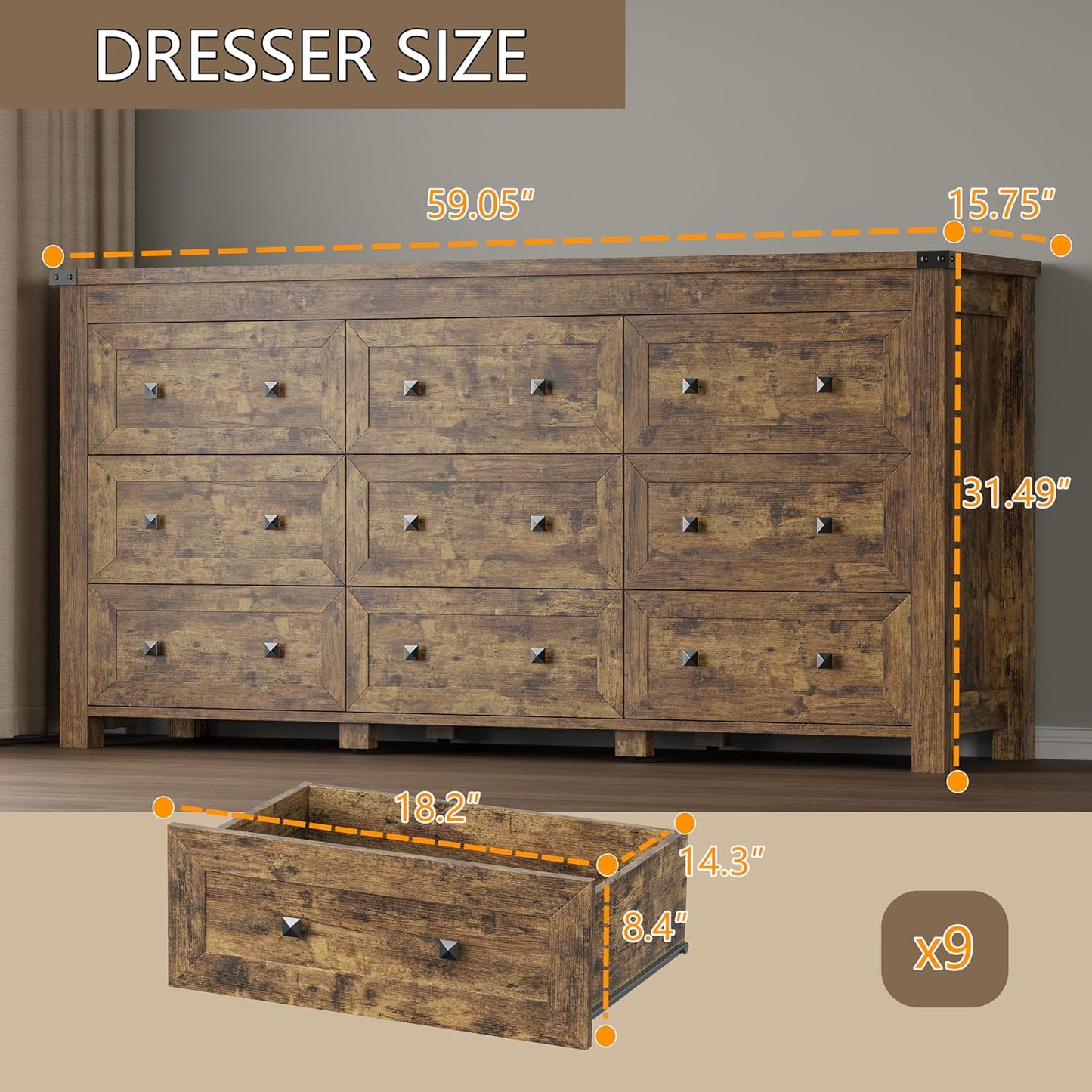 9-Drawer Dresser, Modern Wooden Storage Chest of Drawers, Dresser TV Stand, Wood Drawer Organizer with Metal Handles for Bedroom, Living Room, Hallway