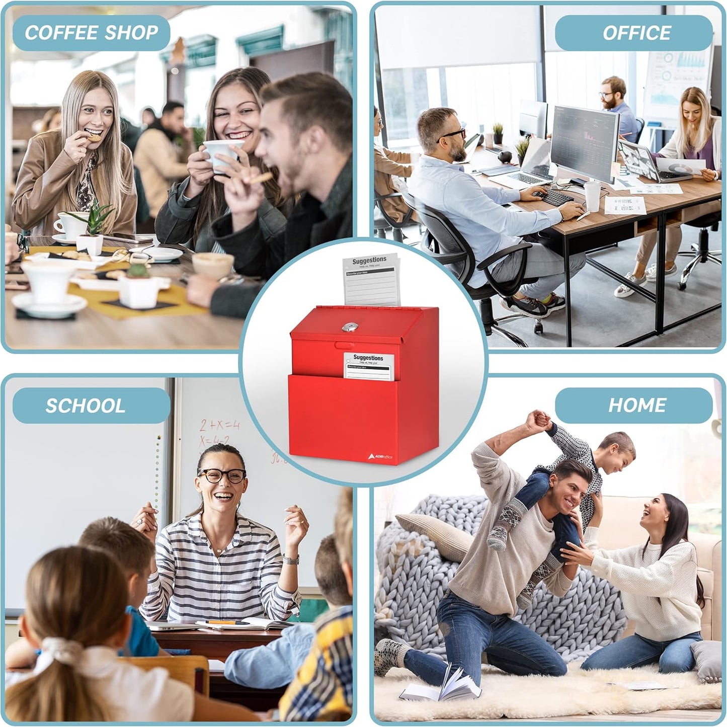 Adir Suggestion Box with Slot and Lock with 25 Comment Cards and Label Stickers, Wall Mounted Metal Donation Box for Fundraising, Tip Cash Drop Box for Money, Ballot Box Red