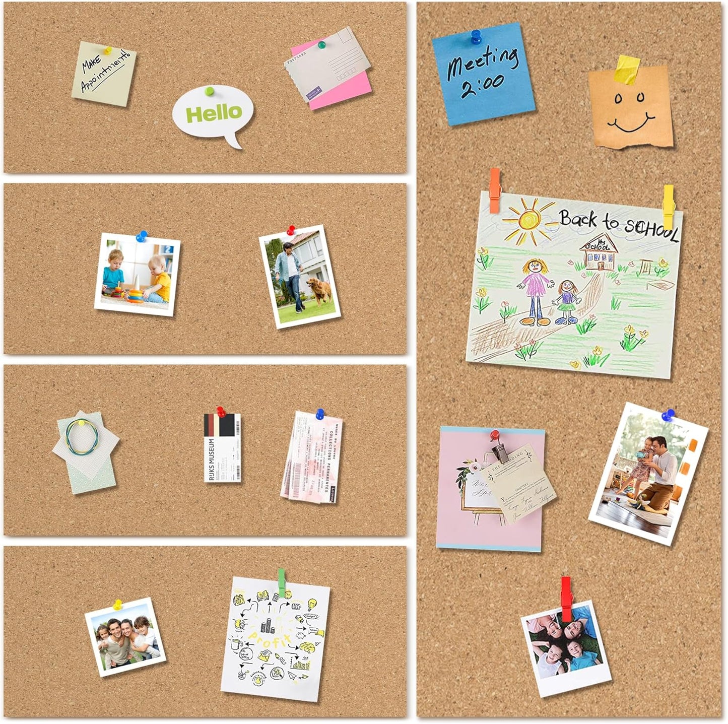 AKTOP Cork Board Bulletin Board 17"x8", 1/2" Thick Cork Board Tiles 6 Pack, Small Pin Board for Wall Decor, Self Adhesive Corkboards with 60 Push Pin Wood Clips for School, Home & Office