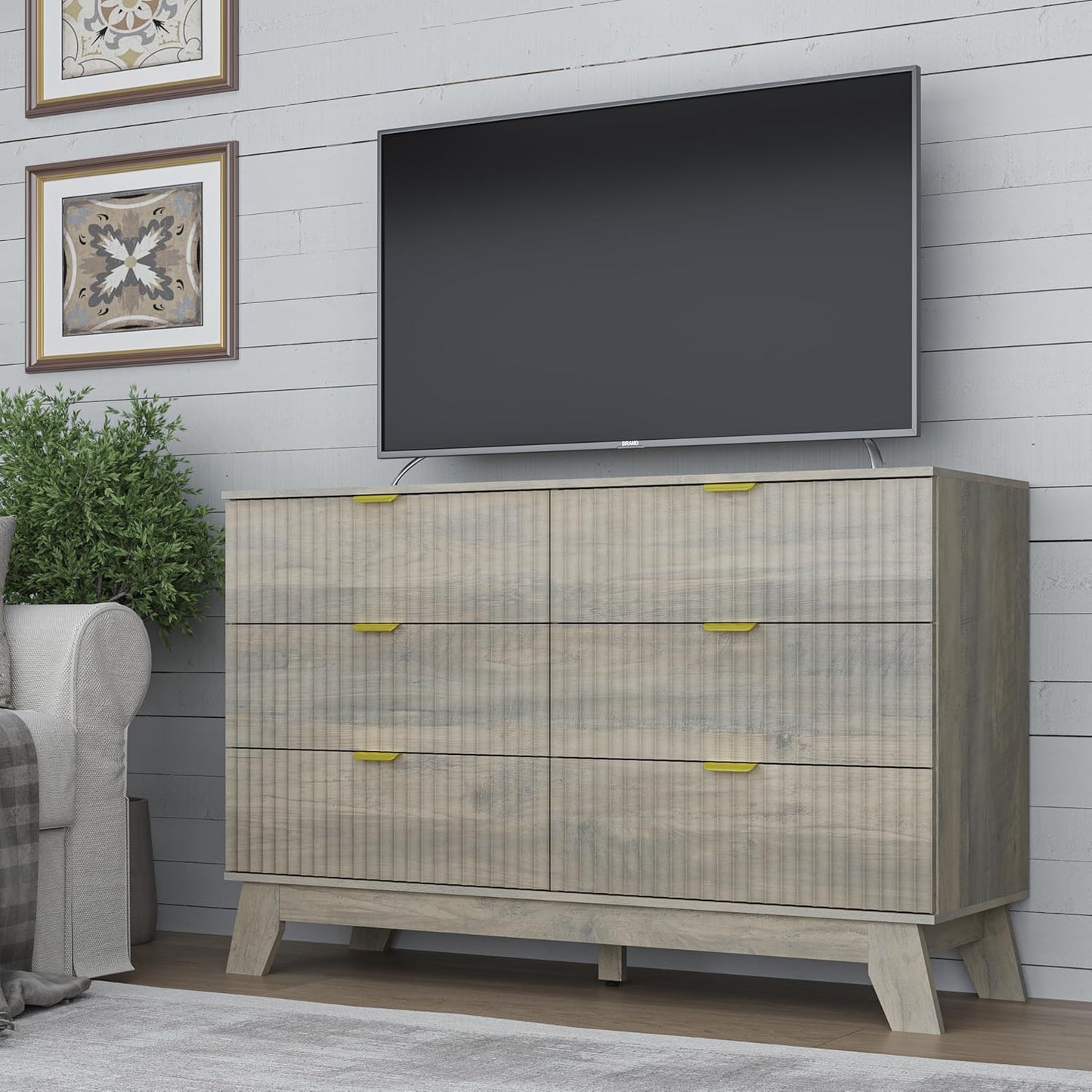 Fluted 6 Drawer Dresser, 47.2" Wide Modern Boho Chest of Drawers, Wooden Storage Dresser TV Stand for Bedroom, Living Room, Closet, Hallway, Curved Profile Design