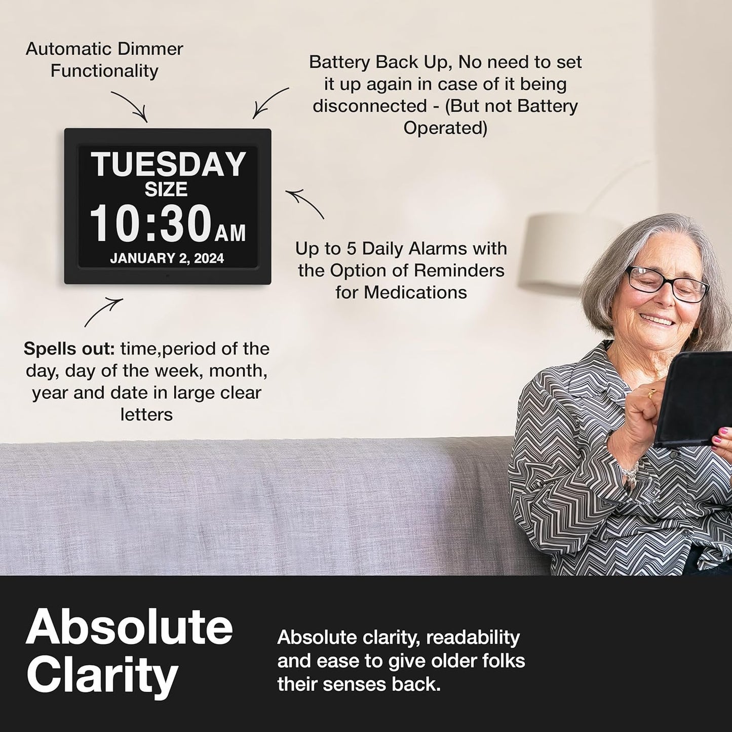 American Lifetime New 2025 Dementia Clock Large for Seniors, Digital Clock Large Display with Custom Alarms, Clock with Day & Date for Elderly, Number Digital Clock 12 Inches White